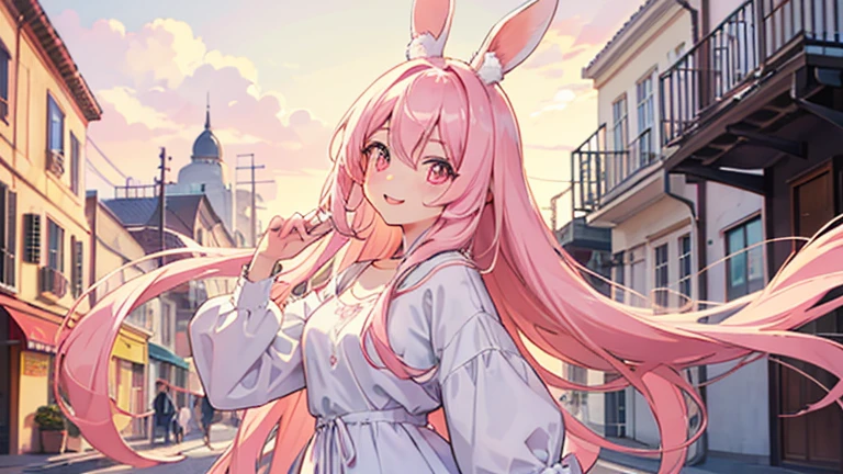 beautiful illustrations, highest quality, pretty girl, pastel colour, fluffy rabbit ears, , pink long hair, rabbit stuffed, pale pink eyes,lively atmosphere street town,casual clothes,smile