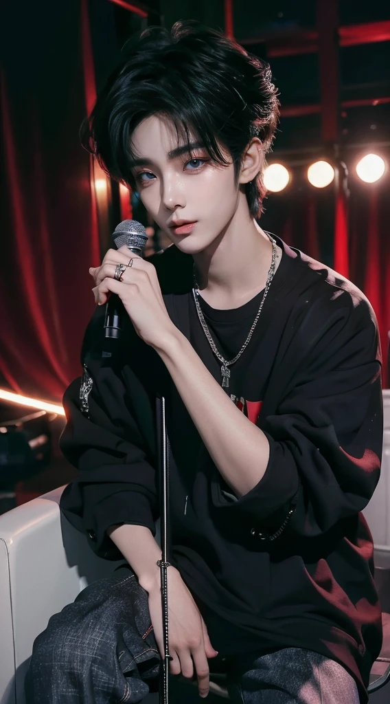 4K work , masterpiece , top quality , high-level image quality , realistic details , a manly boy , Slimbody , Attractive and sexy jeans fashion , male fashion detailed beautiful eyes , Handsome Men , Korean Boy , 18 years old , Korean makeup , Brighter , Pleasant , Soft lighting and warmth , like a celebrity , everyday photos , He is standing in front of the microphone stand , black hair , full body shot , handsome man hairstyle , small face ,long, sharp eyes , Bright red eyes ,