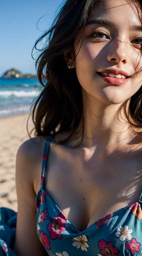 ticker, (sharp focus:1.2), photo-realistic, portrait, intractive young woman, winding, Long hair, cleavage c cup, (beautiful face:1.2), (smile1.4)、fine eyes, luscious lips, (eye make up:1.2), wear (floral dress:1.2) in (beach:1.4). (morning sun lighting:1.2), Depth of bounds written, Bokeh, 4K, HDR. By (james c. Christensen:1.2|Jeremy Lipking:1.1).　dynamic posing
