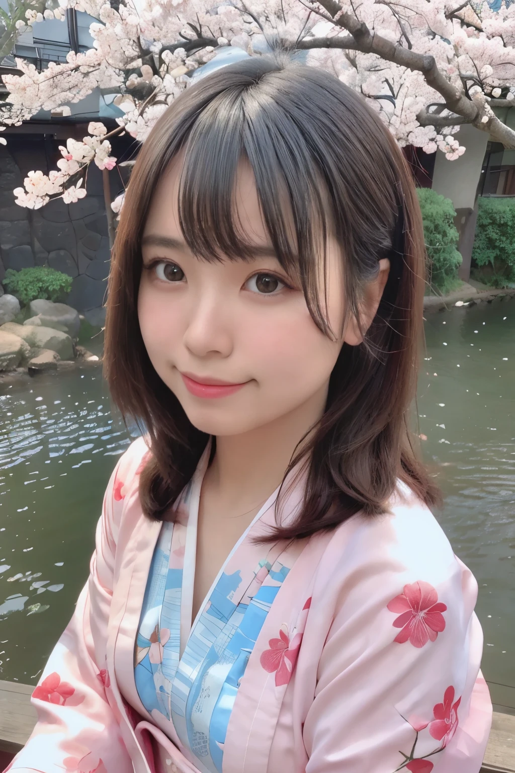 highest quality, ultra high resolution, (realistic:1.4),blush,cute,(detailed face),light smile,
looking at the viewer,
Upper body, kimono,
Sunny,river,(cherry blossoms),blue sky,