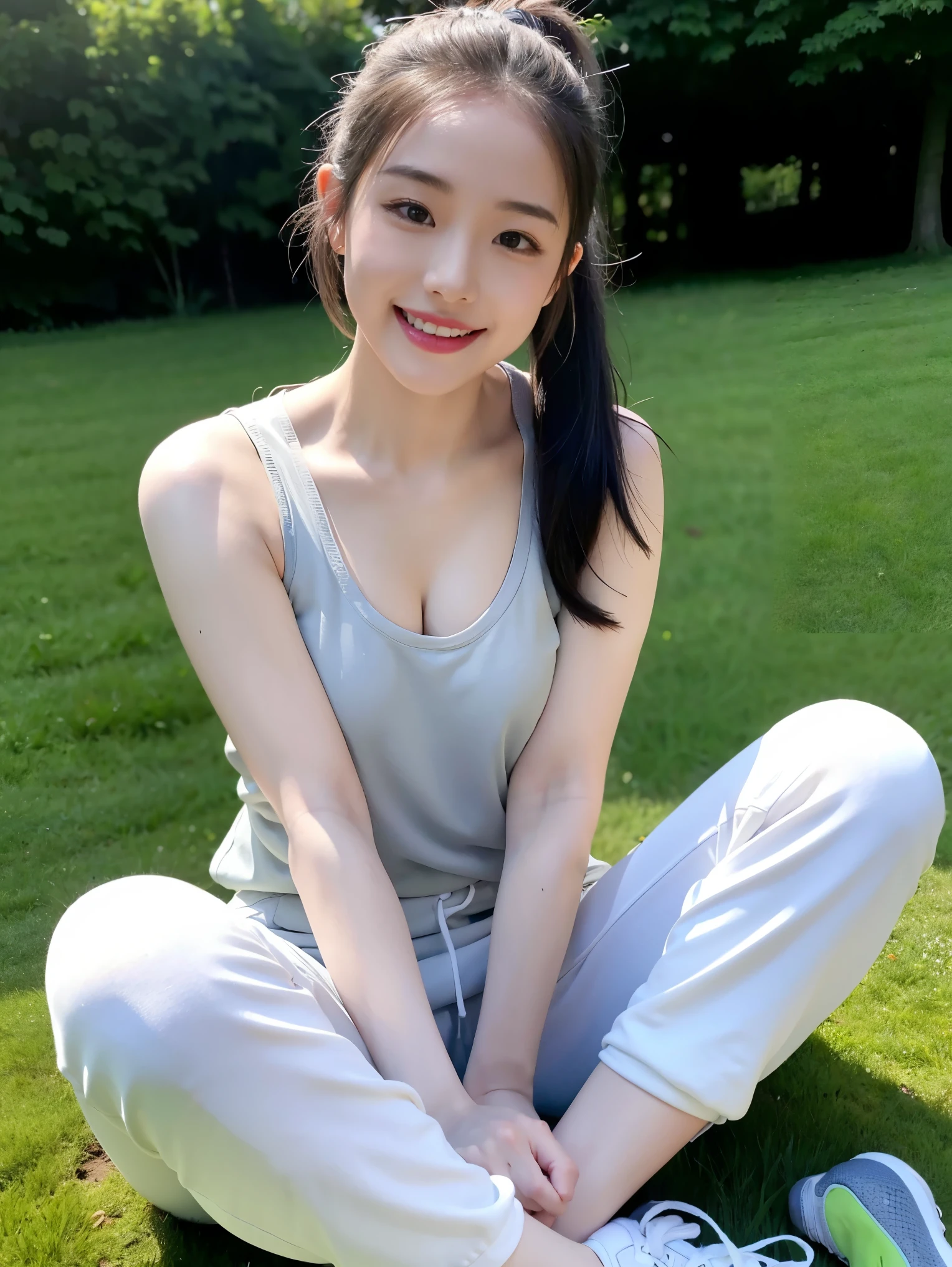 realistic, High resolution, 1 female, glowing skin, alone, wide lips,long hair,ponytail hair, hip up,saggy breasts,small face,Gray color hair,Color Contacts,Tank top,Sweat pants,sneakers,Pose,garden,sitting on the grass,smile,white teeth