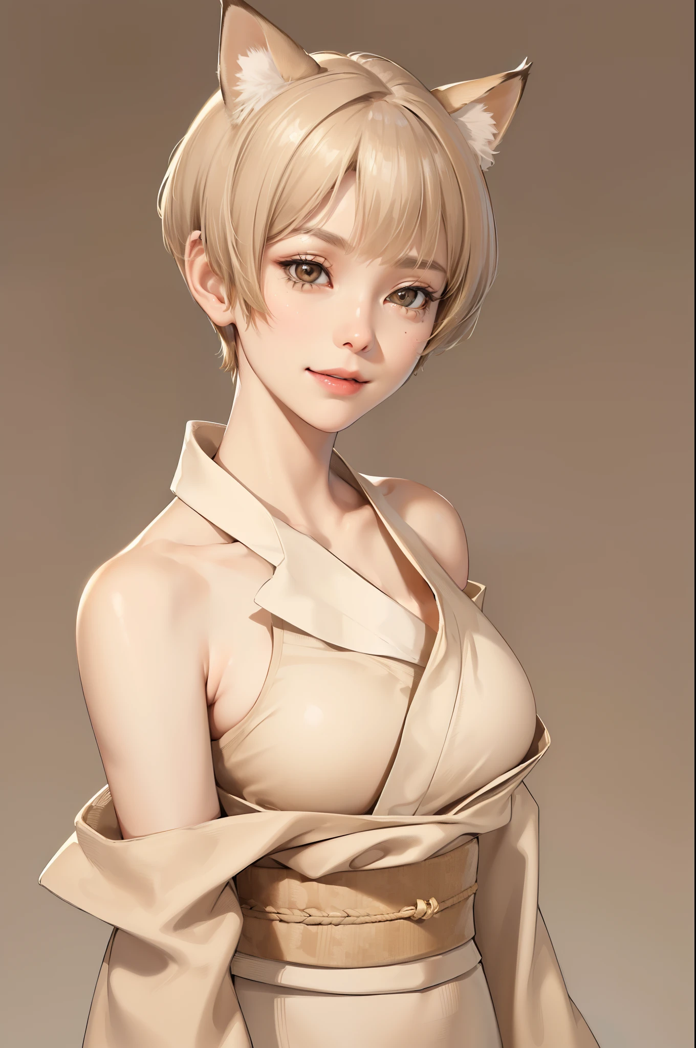 (masterpiece:1.2, best quality), (real picture, intricate details), (1lady, solo), full body, close-up body, casual, natural fabrics, smile, Top Quality, Masterpiece, Hi-Res, Beautiful Face, photography, High Resolution, 4k, 8k, Asian face, beige arm sleeve, detailed face, detailed eye, exposed shoulder, (((light brown eyes, beige cat ears, medium breast:1.5, beige hair:1.5, beige kimono:1.5, short pixie cut:1.5))), ((beige hair:1.5, beige kimono:1.5)), (background small town:1.5),