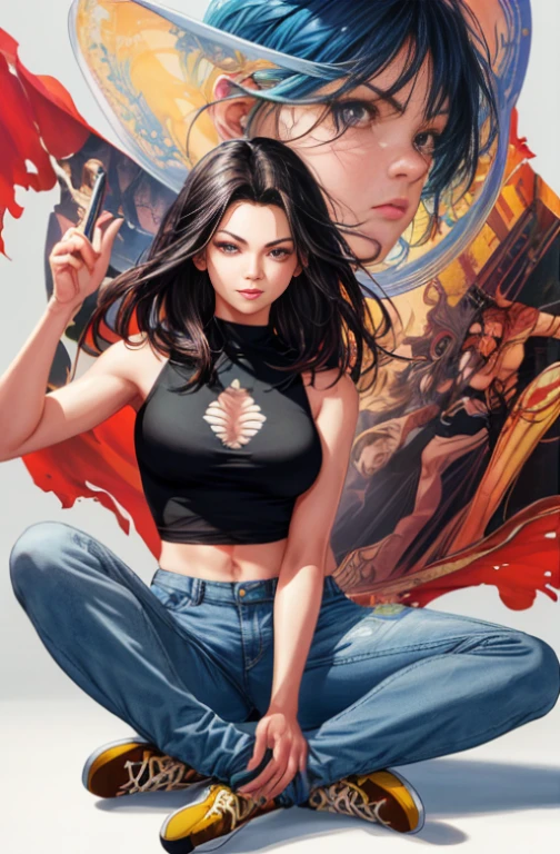 raw photo, (((Woman))),(((beautiful woman european perfect and detailed))), style ::2.0 comix illustration style,tatoon style , man model ultra detailed, (beautiful and clear background:1.2),, fantastic paintings ,graffit style, olhos altamente detalhados , a white t-shirt or tatoon stamp , blond hair, masterpiece, best quality, high quality, highres, detail enhancement, ((most beautiful image in the world)), masterpiece, best quality, high quality, highres, detail enhancement, ((most beautiful image )),with short, shiny black hair, wearing a large round-neck t-shirt, wearing jeans, five legs, like yellow sneakers, emphasizing the integrity of the human body, emphasis on the correct 5 fingers on each hand and the correct shadow, , bright image, art by stanley artgerm lau, art by kenneth rocafort, art by genzoman, art by joe madureira, art by blushyspicy, art by stjepan sejic, art by j scott campbell, art by guillem march, art by citemer liu, 4k, high resolution, comic book, comic book character, comic, high quality