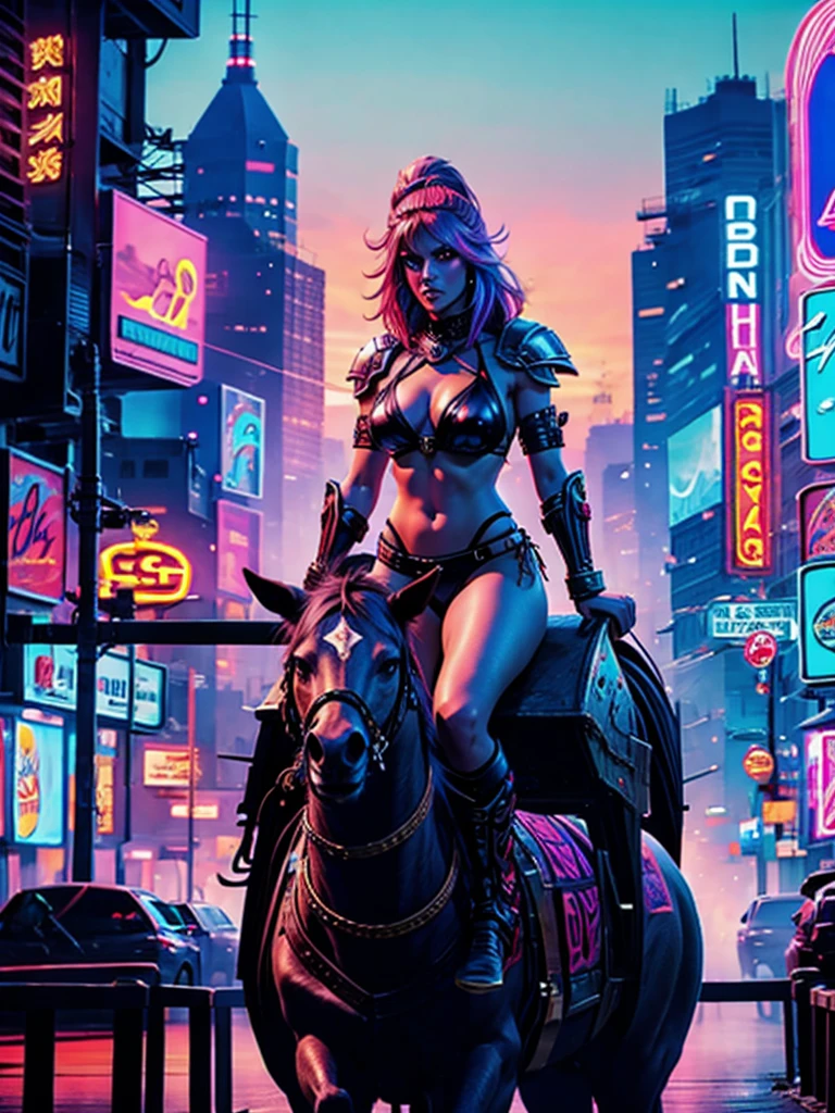 Year 2385 - A futuristic Barbarian Girl With Bikini Armor and glowing eyes on a horse, Rides through City. Style Neon Punk. 