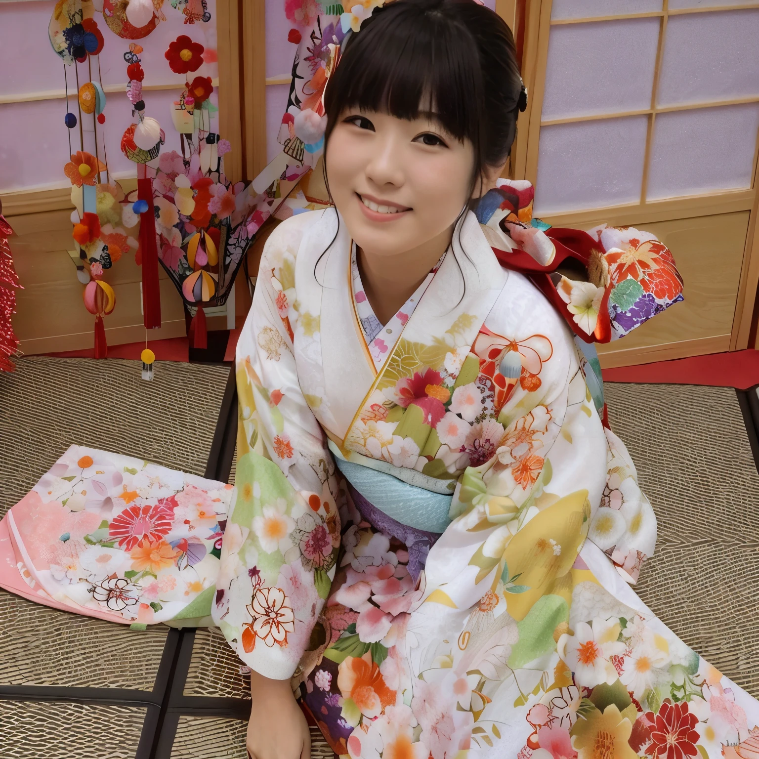 araffe dressed in a kimono sitting on the floor with a smile, 色とりどりのyukataを着て, in kimono, yukata, wearing a kimono, classy yukata, wearing kimono, traditional japanese, in a kimono, wearing royal kimono, wearing a haori, japanese kimono, kimono, kimono, Japanese style, pale and coloured kimono