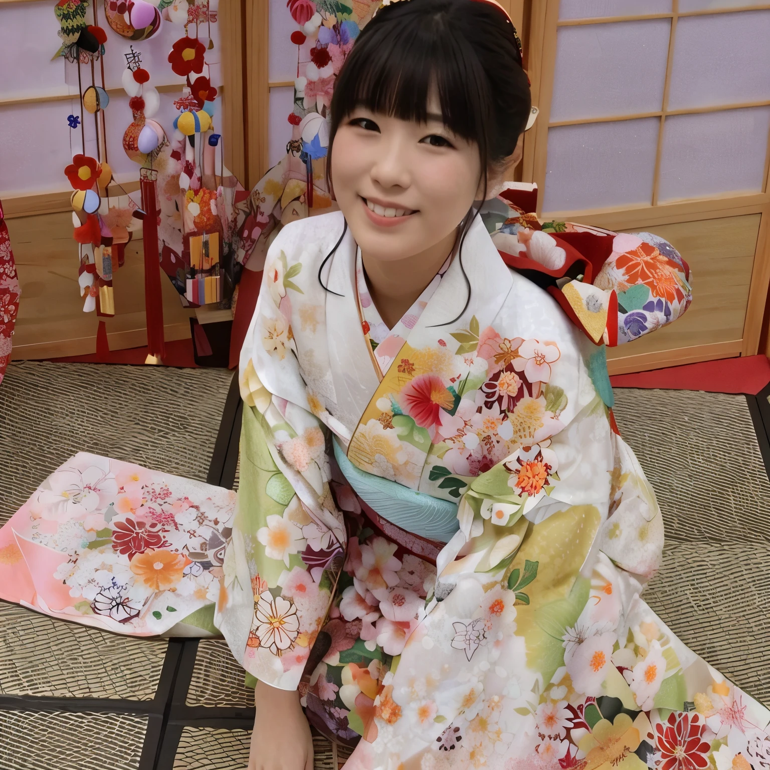 araffe dressed in a kimono sitting on the floor with a smile, 色とりどりのyukataを着て, in kimono, yukata, wearing a kimono, classy yukata, wearing kimono, traditional japanese, in a kimono, wearing royal kimono, wearing a haori, japanese kimono, kimono, kimono, Japanese style, pale and coloured kimono