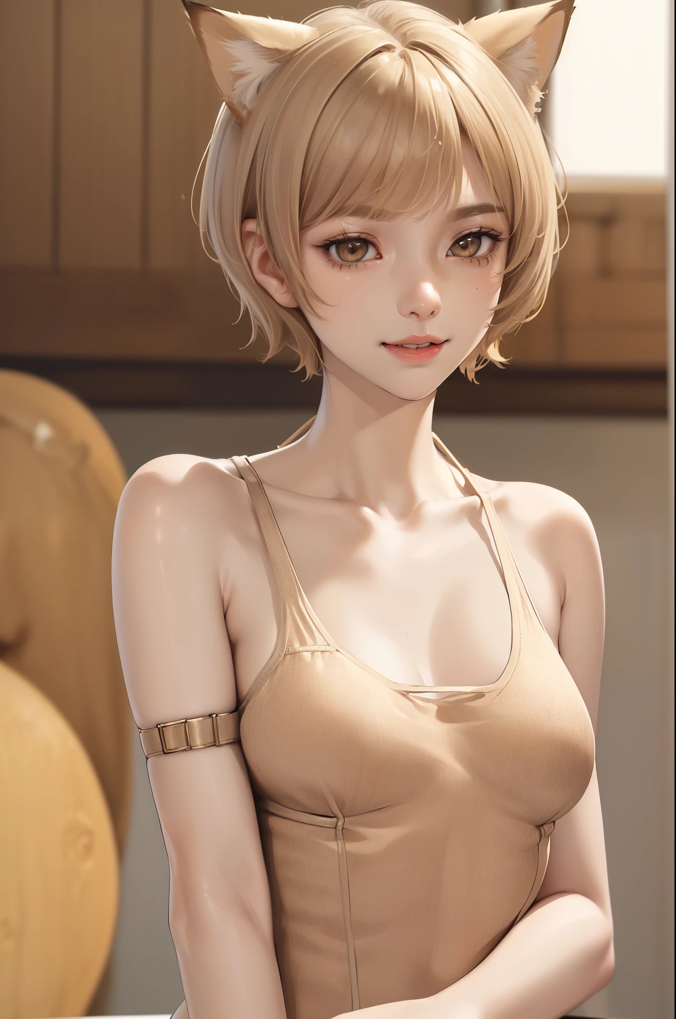 (masterpiece:1.2, best quality), (real picture, intricate details), (1lady, solo), upper body, close-up body, casual, natural fabrics, smile, Top Quality, Masterpiece, Hi-Res, Beautiful Face, photography, High Resolution, 4k, 8k, Asian face, beige arm sleeve, detailed face, detailed eye, exposed shoulder, (((light brown eyes, beige cat ears, medium breast:1.5, beige hair:1.5, beige swimsuit:1.5, short pixie cut:1.5))), ((beige hair:1.5, beige swimsuit:1.5)), (background small pond:1.5),