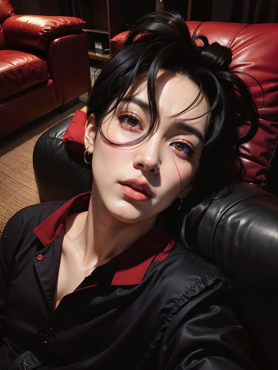 Arafed woman with black hair and red shirt sitting on a sofa., cai xukun, Jung Jaehyun, jungkook, pintar ulzzang, beautiful androgynous prince, Jinyoung Shin, handsome japanese demon boy, cuchilla del grupo de drenaje, sha xi, hyung tae, delicate androgynous prince, sui ishida con cabello negro, jia, eso