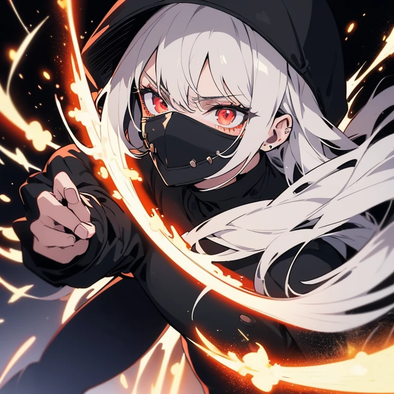 Fighting girl, epic, with particles, HD, 8k, white hair, with black cape, line marks on the face, serious face, closed mouth, casual pose, hands in Bruce Lee position, tactical pants, black hood, black lines under the eyes, black polar diver, eyes with marked rings, detailed face, blood on the lips,