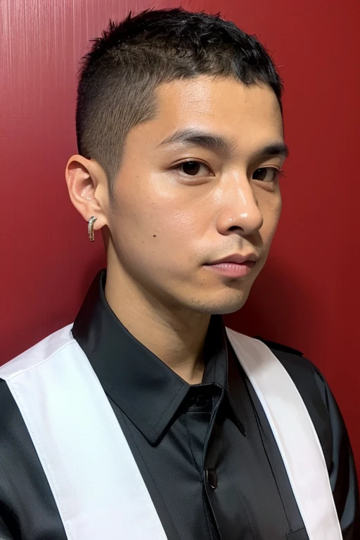 male　33 years old　ID photo　straight　Japanese　　scoundrel　HIPHOP　　stubble　shaved head　blonde　dark skin　nervous　Diamond piercing in right ear　Japanese-Brazilian mixed race
