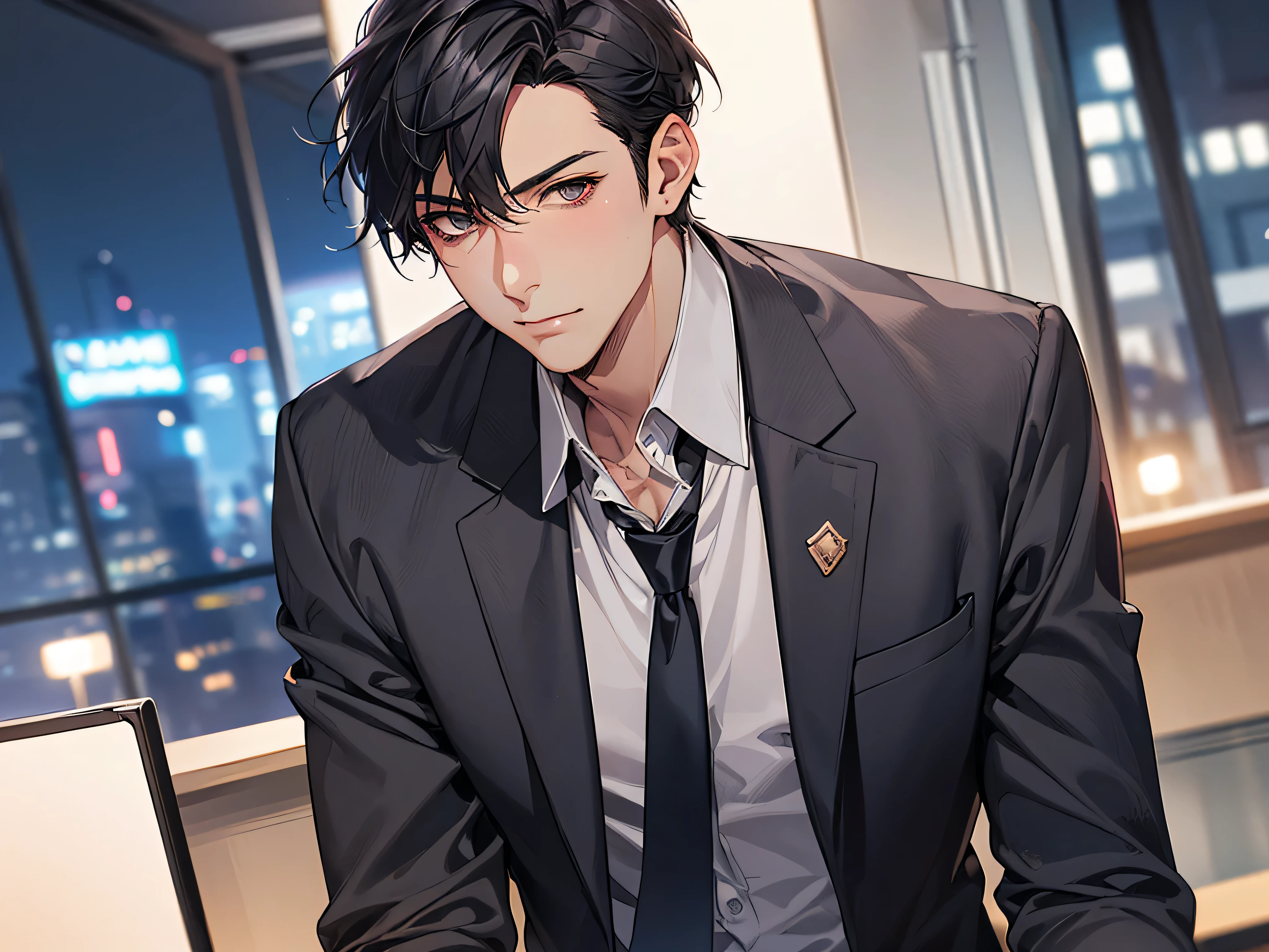 (middle aged male),ビューアーにカベドン,((close up)),dramatic angle,masterpiece,shoot from below, upper body shot, business Suit,tie,man,solo,(40-year-old),Black top, short hair,looking at viewer,office,(night),adam’s apple,larynx　