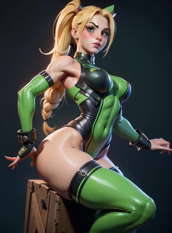 ((Best quality)), ((Masterpiece)), ((Realistic)) and ultra-detailed photography of a girl with goth colors. Cammy in full view， ((Cammy)), street fighter classic dressed iAraffed woman in green latex posing on a platform, Cammy, WLOP pele brilhante, character is in her natural pose, Pose sexy, Fofosexyrobutts, Pose de lutador, renderizado em sfm, deviantart artstation cgscosiety, Pose forte, Artgerm extremamente detalhado, Obra-prima da CGSOCIETY, tiro de close-up, fanart melhor artstation muscular fit body abs, Sexy, under-, Hot, (Cream gradient background),Hyper-realistic，best qualtiy，8K，Works of masters，super-fine，Detailed pubic hair，Correct anatomy，sharp focus on eyes，Bokeh，Facial features are carefully depicted.