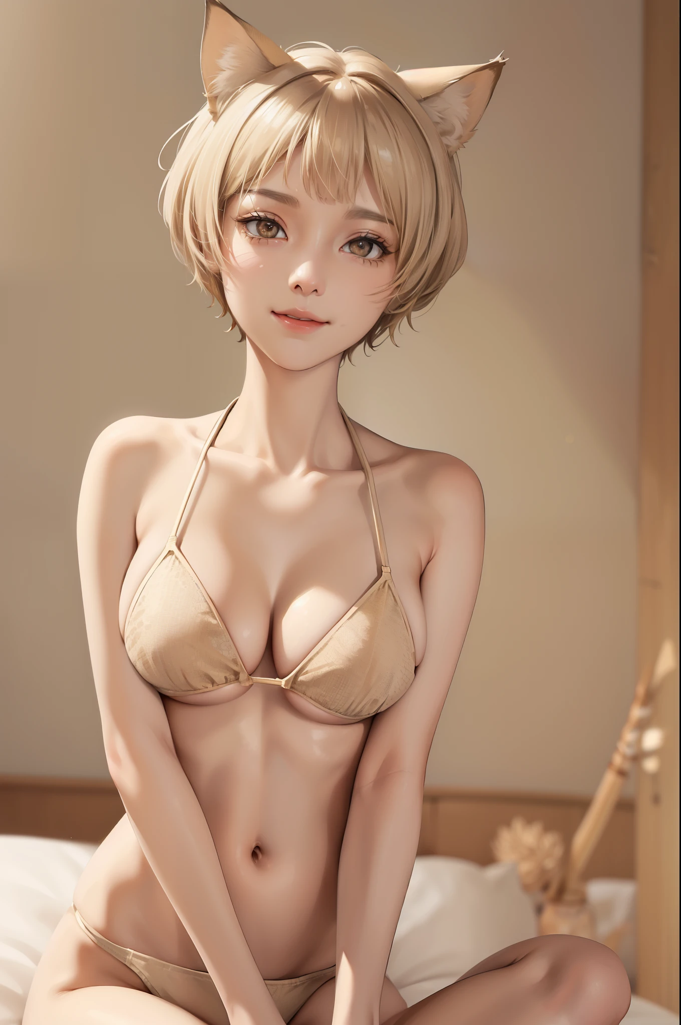 (masterpiece:1.2, best quality), (real picture, intricate details), (1lady, solo), full body, close-up body, casual, natural fabrics, smile, Top Quality, Masterpiece, Hi-Res, Beautiful Face, photography, High Resolution, 4k, 8k, Asian face, beige arm sleeve, detailed face, detailed eye, exposed shoulder, (((light brown eyes, beige cat ears, medium breast:1.5, beige hair:1.5, beige bikini:1.5, short pixie cut:1.5))), ((beige hair:1.5, beige bikini:1.5)),  (background small town:1.5),