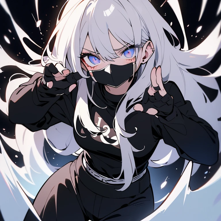 Fighting girl, epic, with particles, HD, 8k, white hair, with black cape, line marks on the face, serious face, closed mouth, casual pose, hands in Bruce Lee position, tactical pants, black hood, black lines under the eyes, black polar diver, eyes with marked rings, detailed face, blood on the lips,