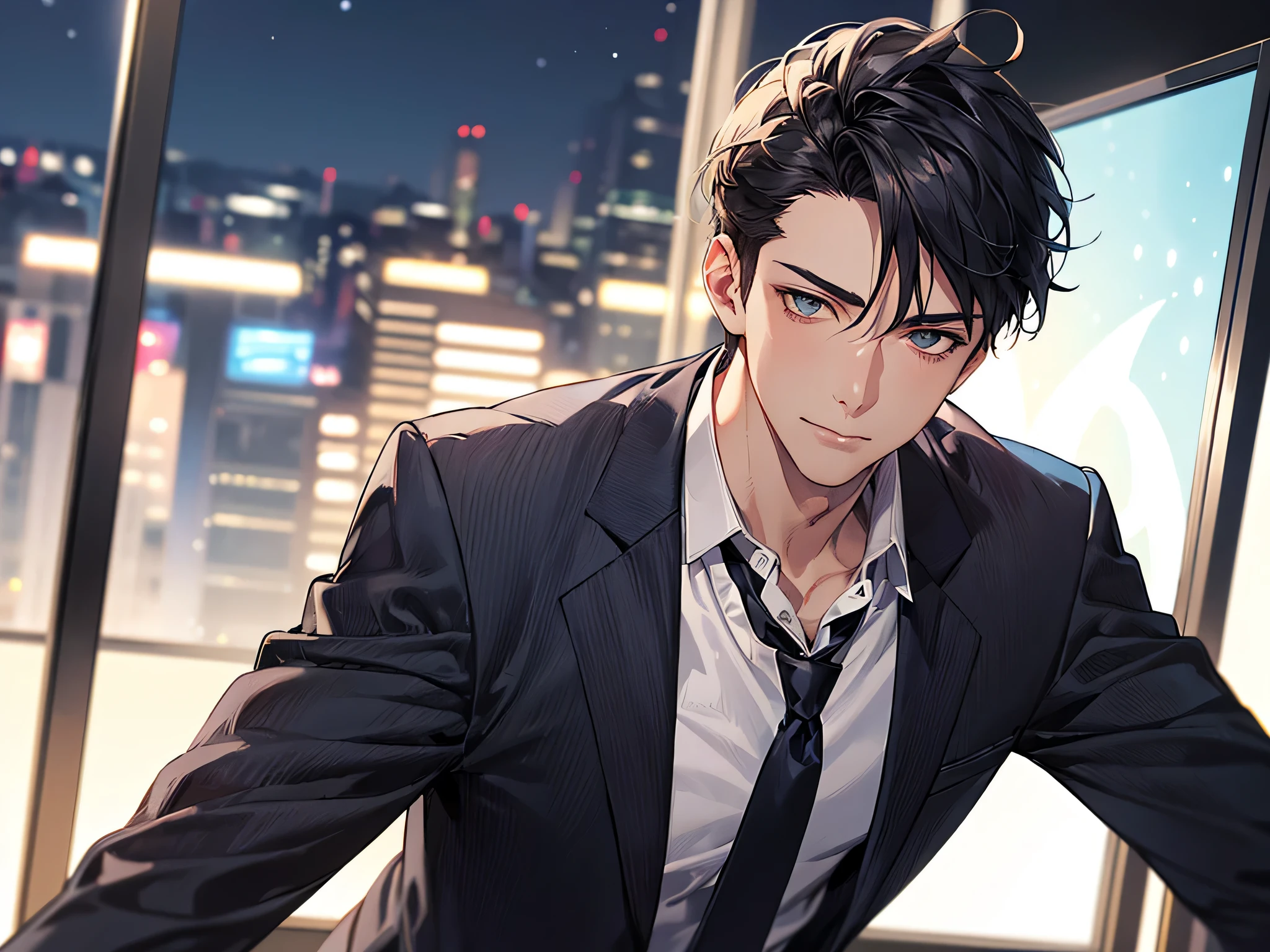 (middle aged male),ビューアーにカベドン,((close up)),dramatic angle,masterpiece,shoot from below, upper body shot, business Suit,tie,man,solo,(40-year-old),Black top, short hair,looking at viewer,office,(night),adam’s apple,larynx