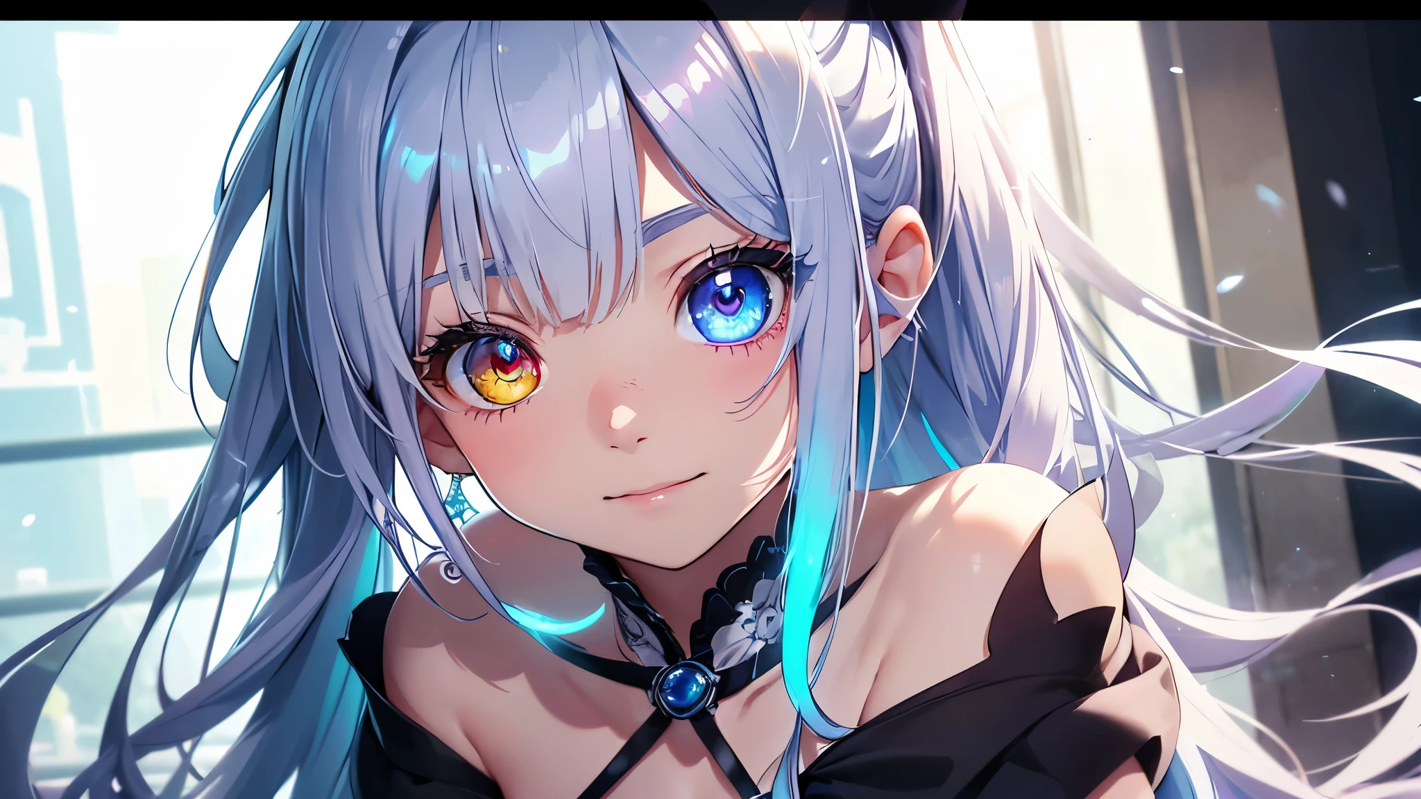 Realistic image, A consistent image, Detailed Images, 1 beautiful girl. She has short light blue hair that reaches her shoulders.、The bangs reach down to the eyebrows。. On top of the bangs, Yura is wearing a black headband and a hairpin on her left side.。. purplish yellow eyes, Long eyelashes. Her face is oval and delicate.. Smile seductively. ((She's wearing a shirt that exposes her chest)), Jeans Shorts, Thigh-length stockings. She has a curvaceous figure, Medium bust and thick thighs. Surrounded by European shops, Petals falling. Natural light in front, Volumetric lighting