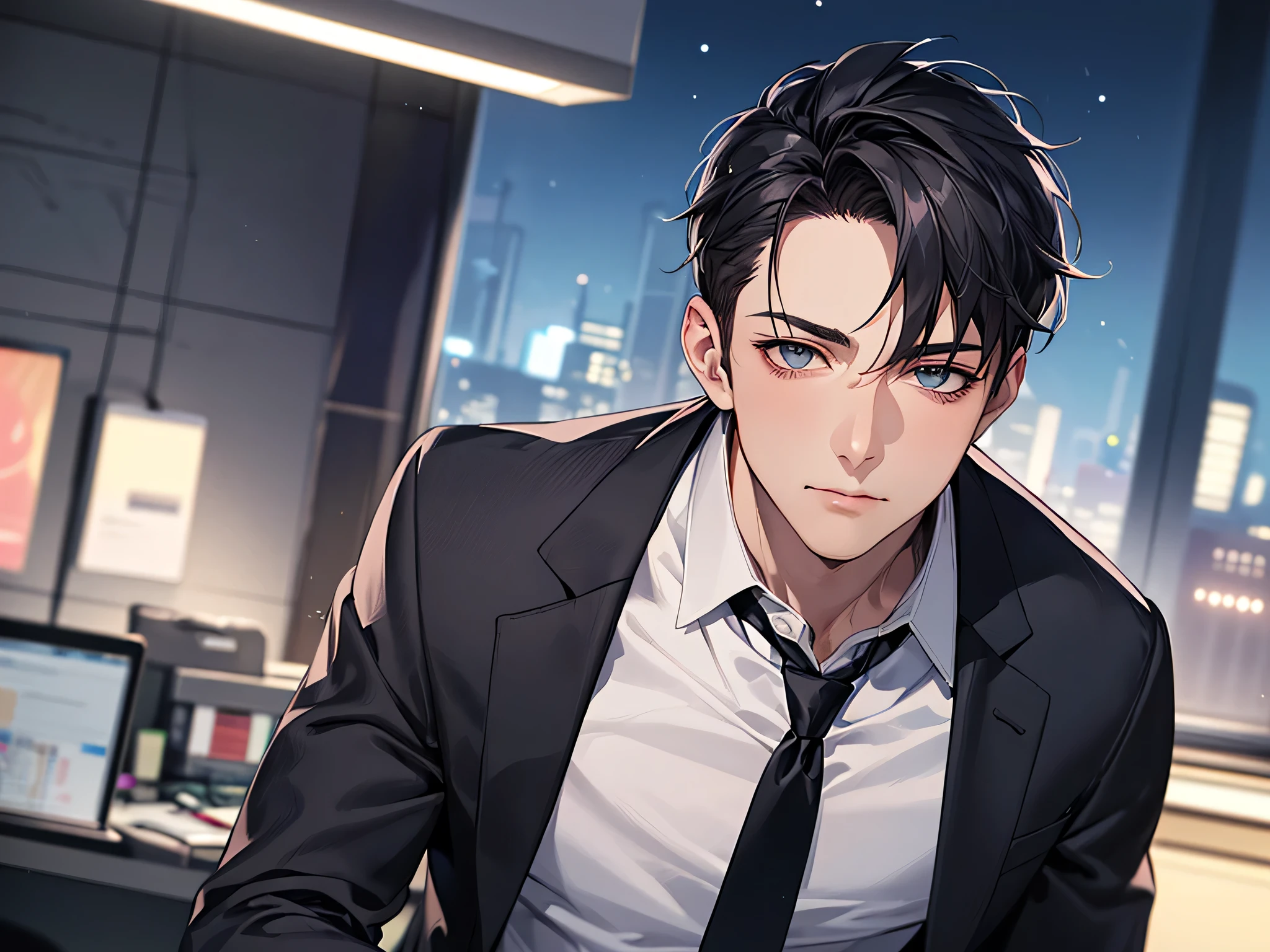 (middle aged male),ビューアーにカベドン,((close up)),dramatic angle,masterpiece,shoot from below, upper body shot, business Suit,tie,man,solo,(40-year-old),Black top, short hair,looking at viewer,office,(night),adam’s apple,larynx