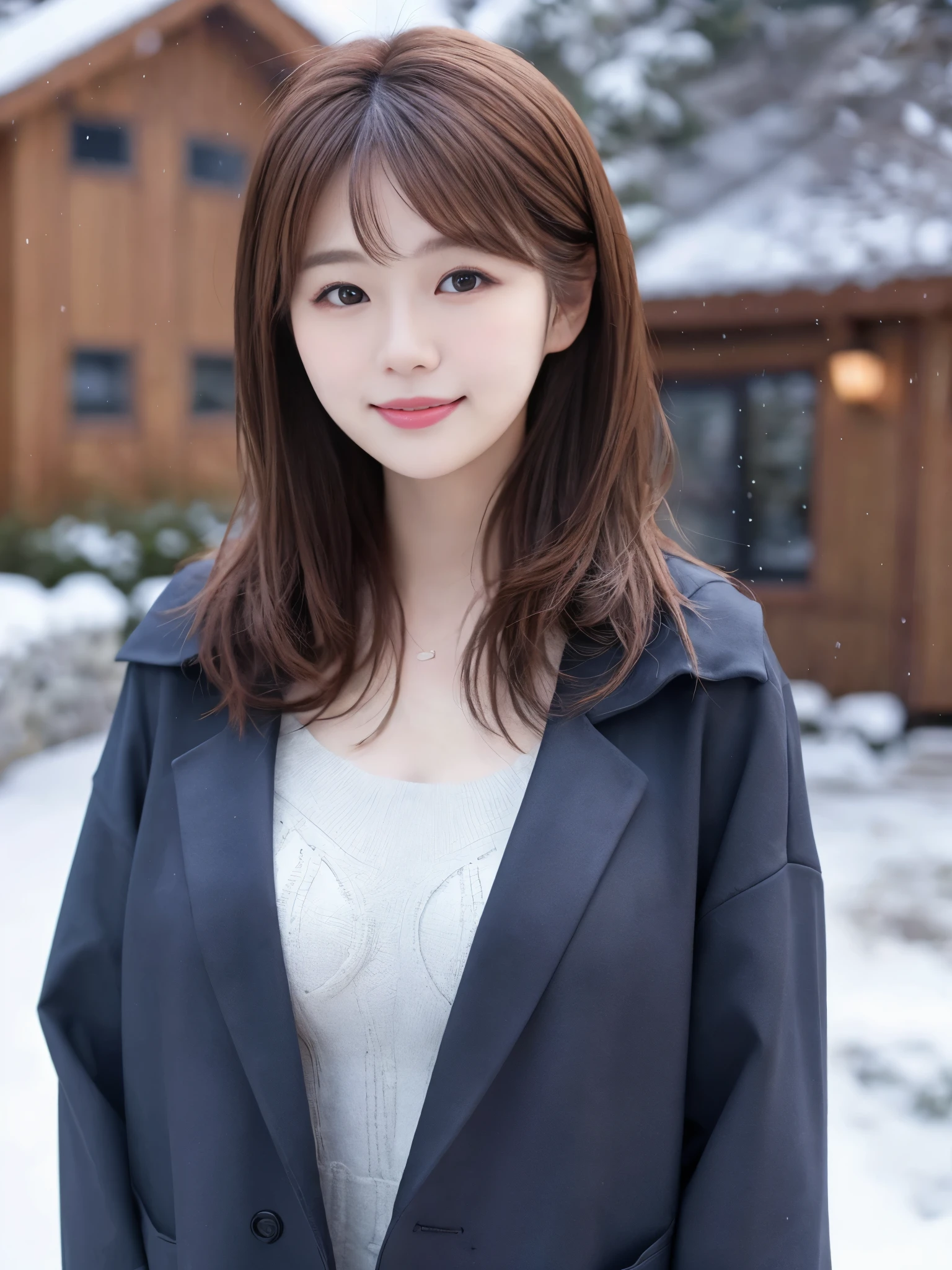 realistic pictures (1 cute korean star) shoulder length hair, light makeup, big breasts, wearing a coat, in the snow, clear facial features, 8K high resolution, sharp and realistic details.from outside, eye level shot, f/4.0, 135mm, fujifilm, jpeg artifact, dithering, UHD, masterpiece