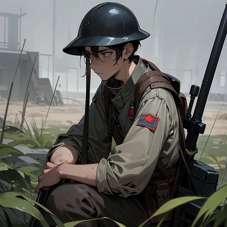 WW1 soldier, handsone, young man, black hair, helmet, soldier clothes, sniper rifle, grey sky, trenches, dirt, no emotion expression, rain, grey eyes