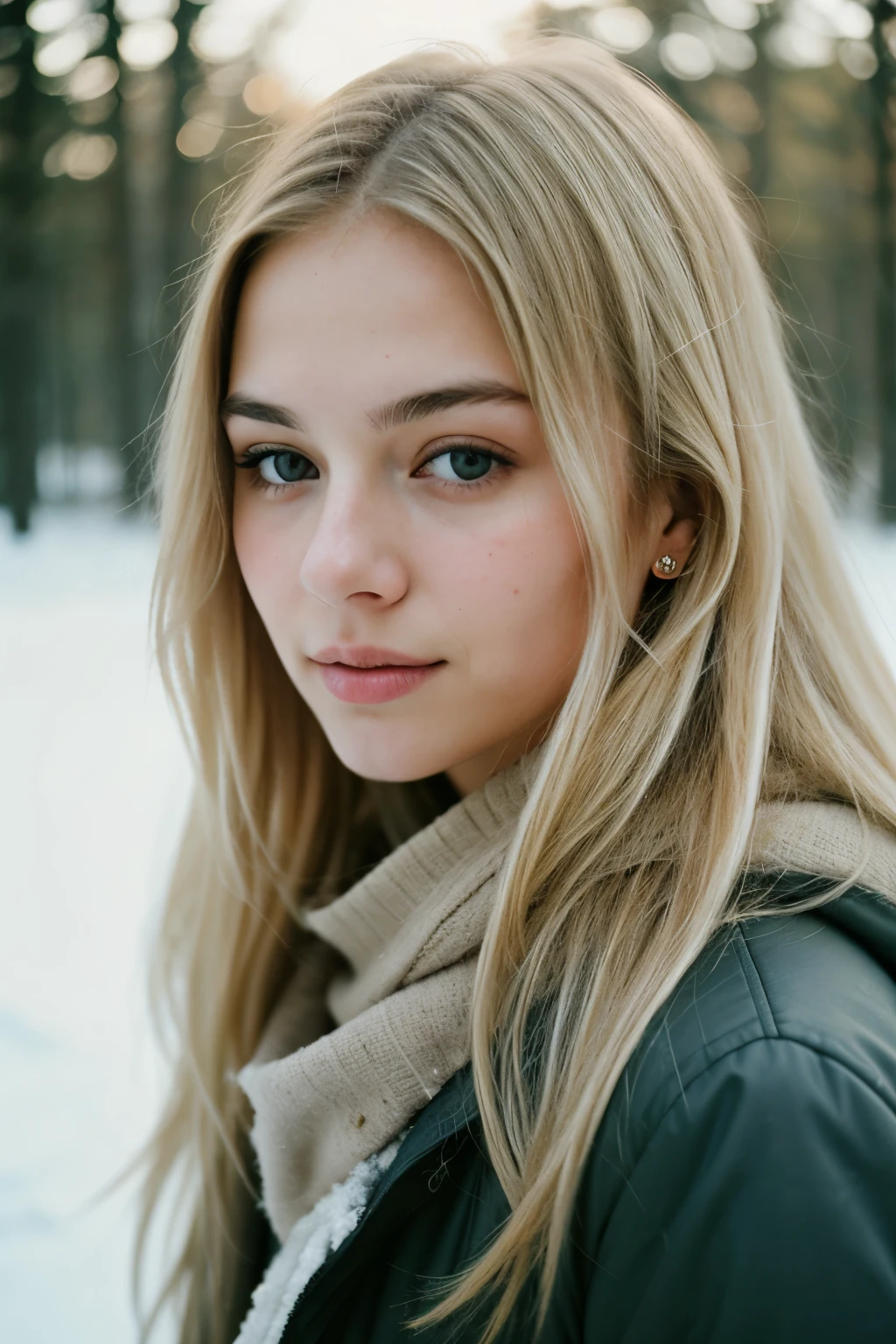 analog raw candid photo of a beautiful young woman, realistic skin texture, dirty blonde hair, slim, (closed mouth:1.1), erotic, relaxed, haze lighting, winter, snow, 35mm