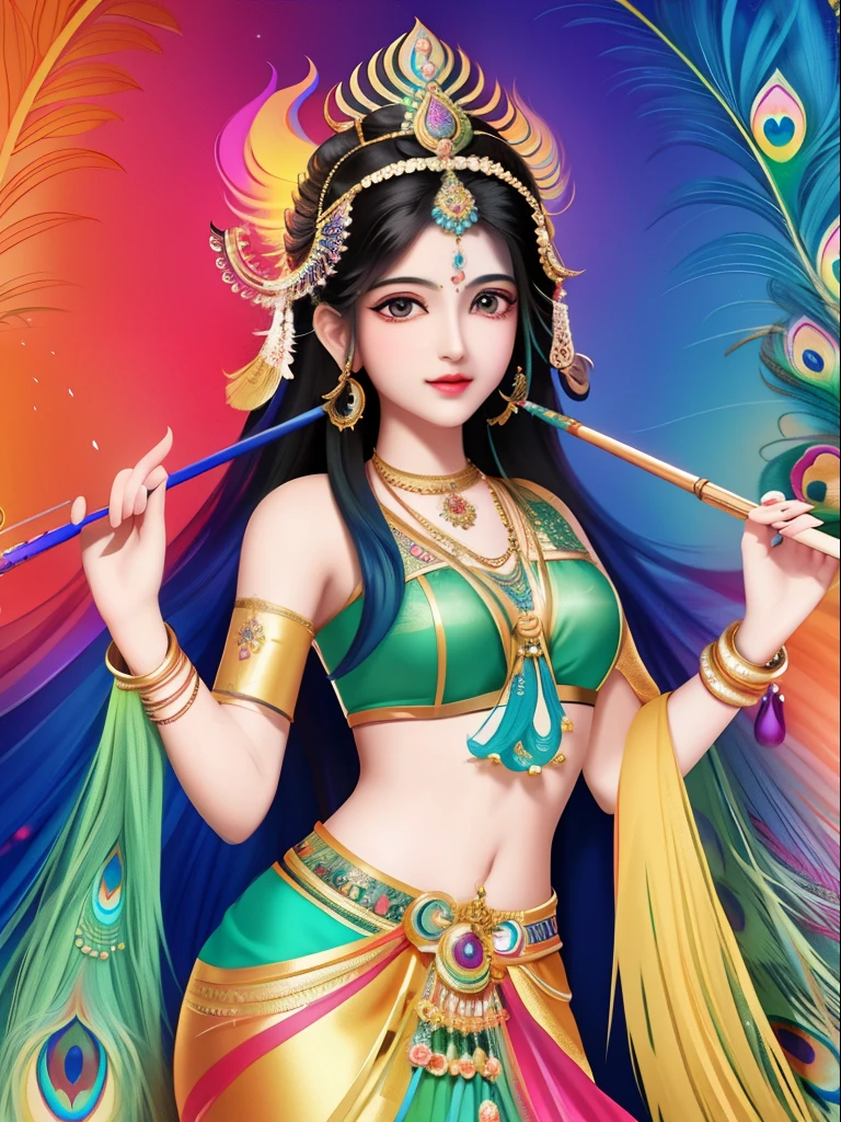 a painting of a woman with a flute in her hand, beautiful goddess, goddess of love and peace, indian goddess, goddess radha, Shri Radha Rani, goddess radha, painting of beautiful, beautiful colorful, with beautiful colors, colorful hd picure, indian god, goddess art, indian art, beautiful image, hindu art, very colorful heavenly, peacock feather on head, peacock feathers head, psychedelic goddess, hindu aesthetic, full of colors and rich detail