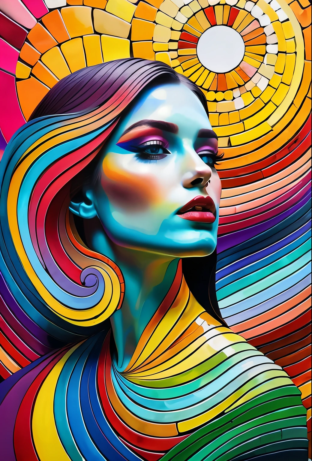 un primer plano de una mujer con cabello colorido y un sol, pintura digital vibrante, colorido arte digital, Hermoso arte de color!, pintura digital colorida, arte de alessandro pautasso, Arte colorido, Arte digital vibrante, Arte digital a todo color, gorgeous digital art, colorido arte digital, impresionante arte digital, airbrush digital art, hermoso arte uhd 4k