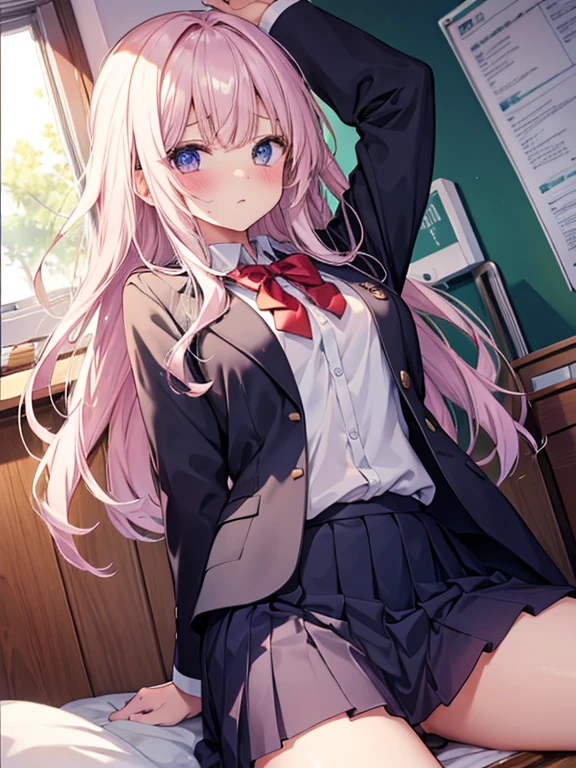 shiny skin、normal chest、school uniform、blush、girl、spread legs、Large amount of semen、vaginal