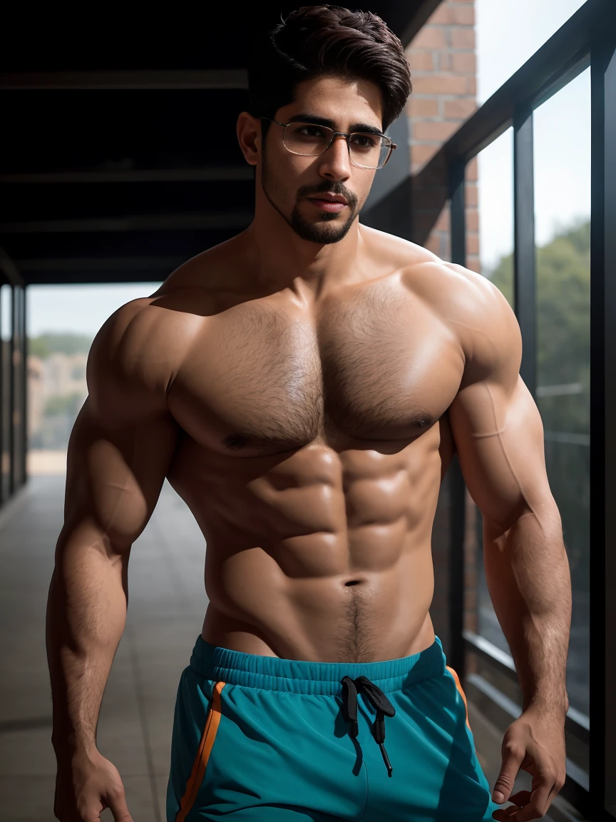 handsome guy, Sidharth Malhotra, Hairy chest, , Wears transparent glasses, beard, buzz clip, naked,Ultra-thin skinny shorts,Big bag highlights,Plump your pectoral muscles,Sexy and charming expression,Gloomy eyes,Basketball court outside, ((Slim, muscular)), photoactual, photo, masterpiece, actual, realism, photorealism, high contrast, photoactual digital art trending on Artstation 8k HD high definition detailed actual, detailed, Texture, hyper detailed, actual Texture, armature, best quality, 超high resolution, (photoactual:1.4),, high resolution, detailed, raw photo, Sharp Re, by lee jeffries nikon d850 film stock photograph 4 kodak portra 400 camera f1.6 lens rich colors hyper actual lifelike texture dramatic lighting unrealengine trending on artstation cinestill 800,