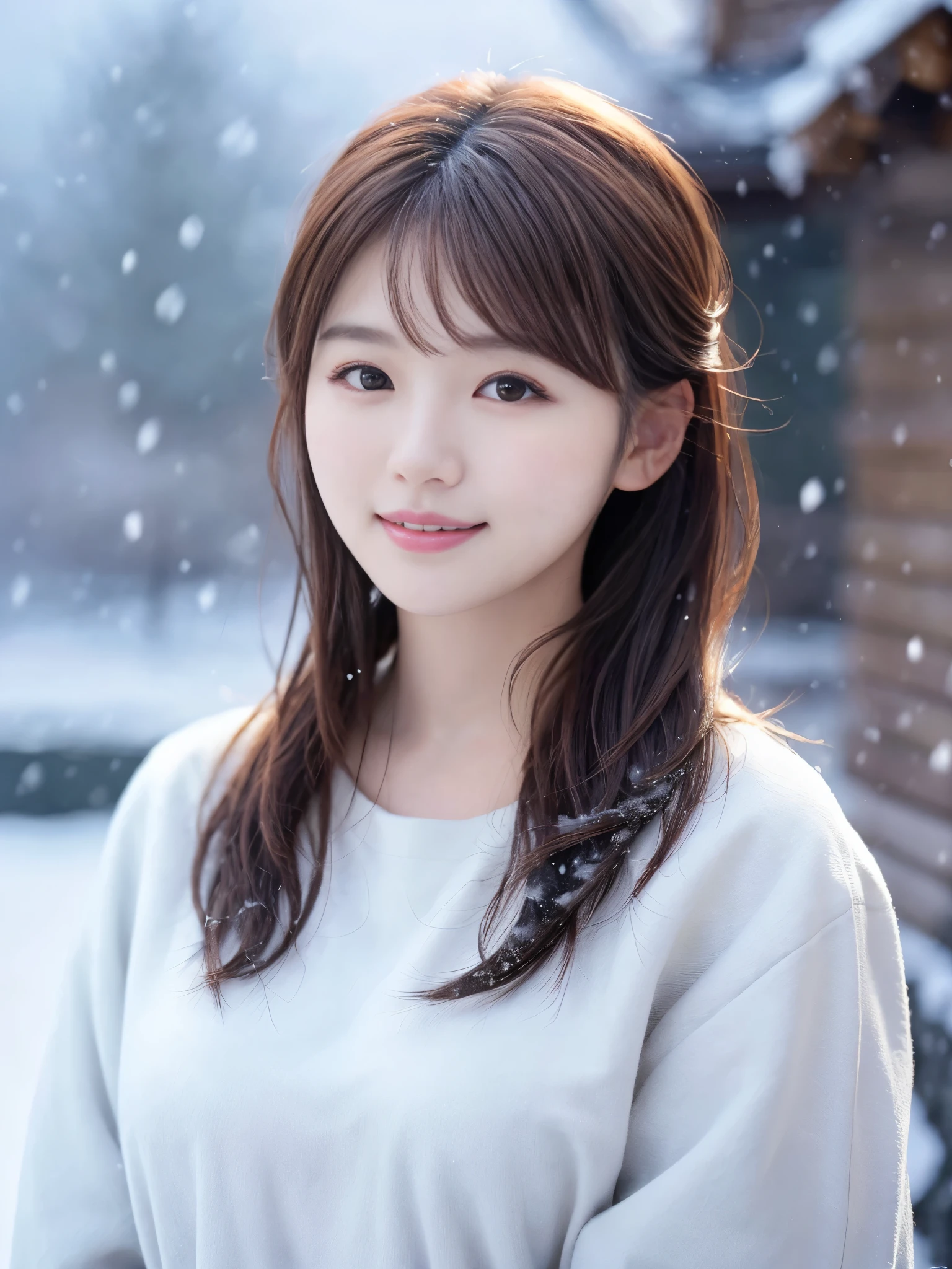 realistic pictures (1 cute korean star) shoulder length hair, light makeup, big breasts, wearing a coat, in the snow, clear facial features, 8K high resolution, sharp and realistic details.from outside, eye level shot, f/4.0, 135mm, fujifilm, jpeg artifact, dithering, UHD, masterpiece
