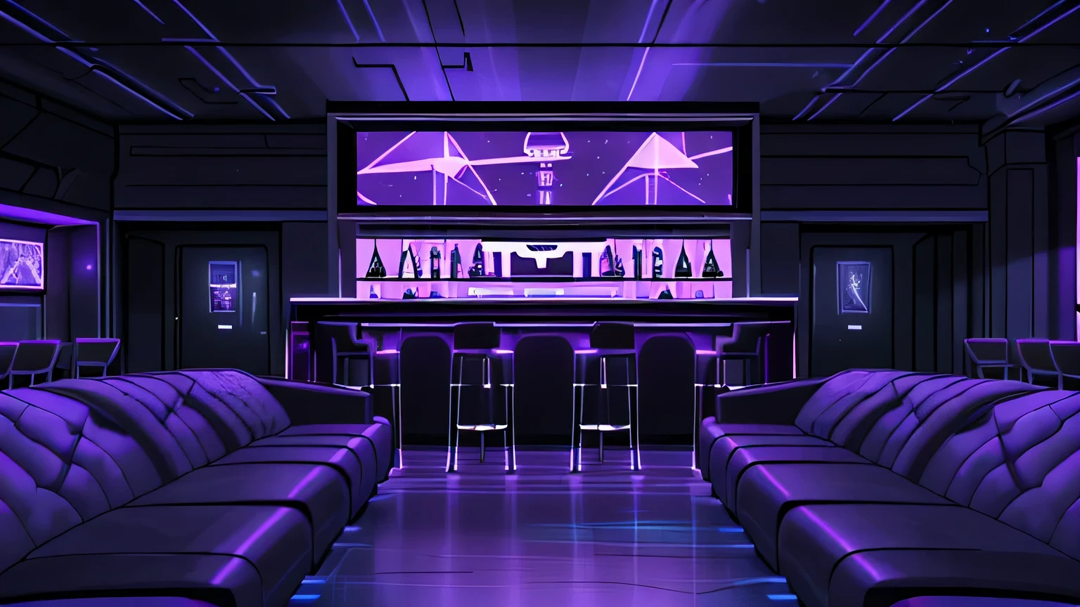 A mafia room in a futuristic spaceship, view from the front. The room is lit by blue and purple neon lights, with dark metallic walls that reflect the lights. There is a rectangular table in the center, made of a translucent material that emits a slight glow. Ao redor da mesa, floating chairs with futuristic design, made of metal and dark leather. No fundo, there are large windows that show outer space, with stars and nebulae visible in the distance. The windows have heavy curtains that can be closed, but they are open, displaying the vastness of the cosmos. In one of the corners of the room, a small high-tech drinks bar with bottles that appear to float on magnetic shelves. The atmosphere is gloomy, yet elegant, with high-tech touches and an air of mystery.