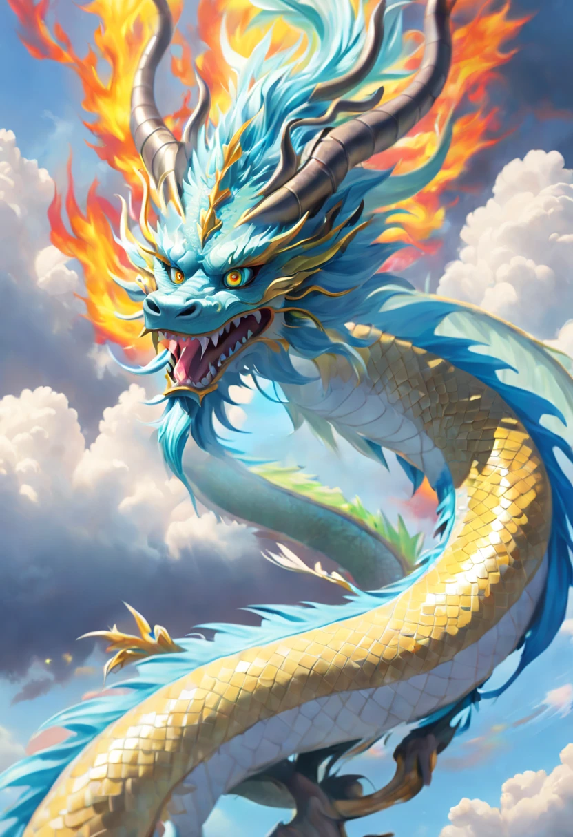 (The main subject: wide wide shot), The flame  light blue,[Multicolored,(Chinese dragon anthropomorphism)], salama,dramatic clouds,(Deep in the field), Rich details​, (Wide sky), (sense of vastness),Energy and vitality, Complicated details.(Best quality at best, A high resolution, tmasterpiece:1.2), (actual:1.37), HighDynamicRange。