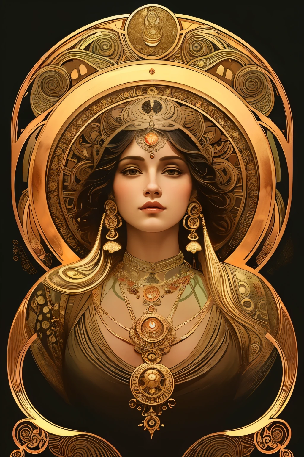 a painting of a woman with a gold headpiece and a gold choke, portrait of a beautiful goddess,highly detailed,she is majestic.