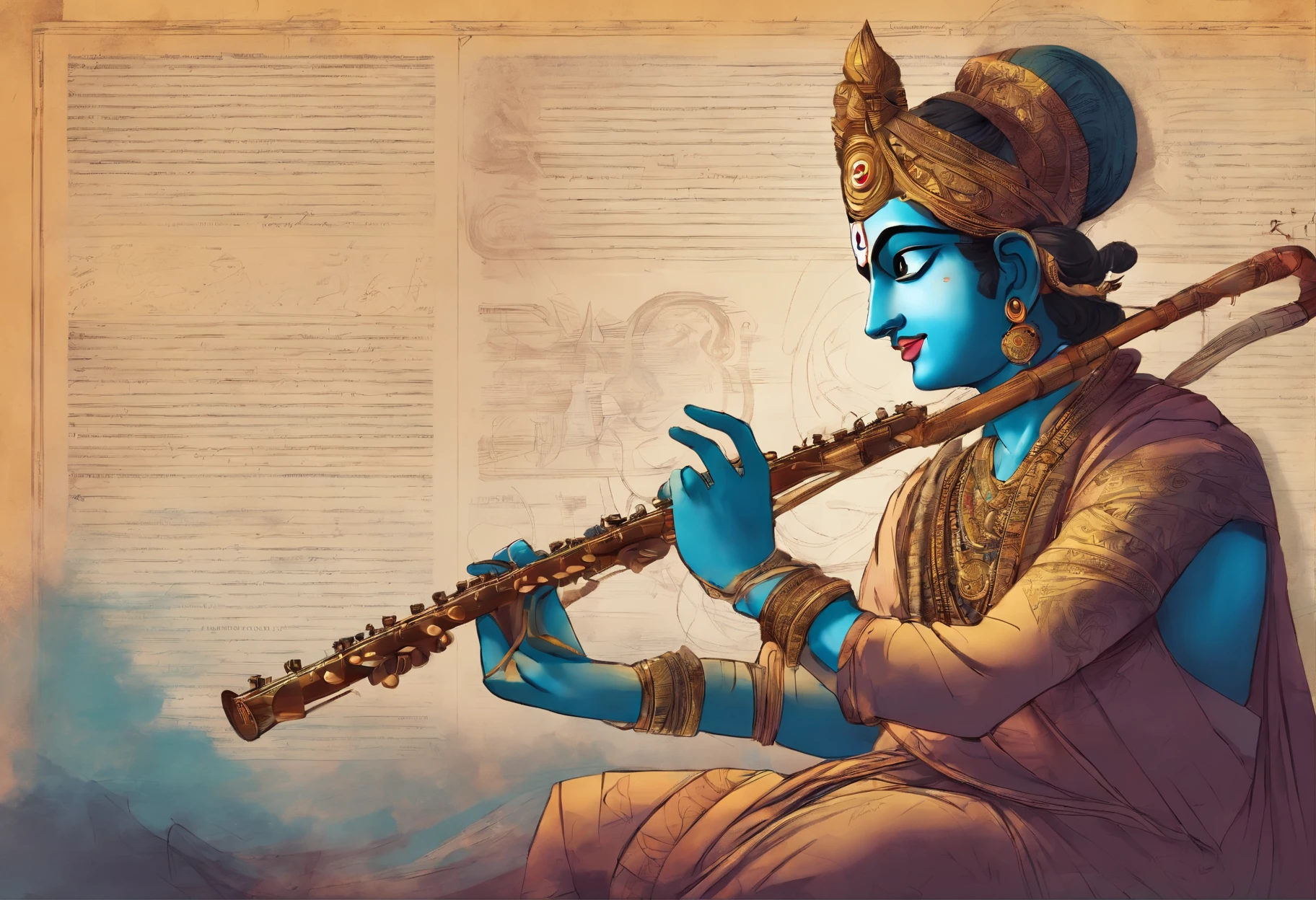 An artist's depiction of Lord Krishna playing his flute, cercado de livros, Canetas, and a chalkboard with mathematical equations in the background.