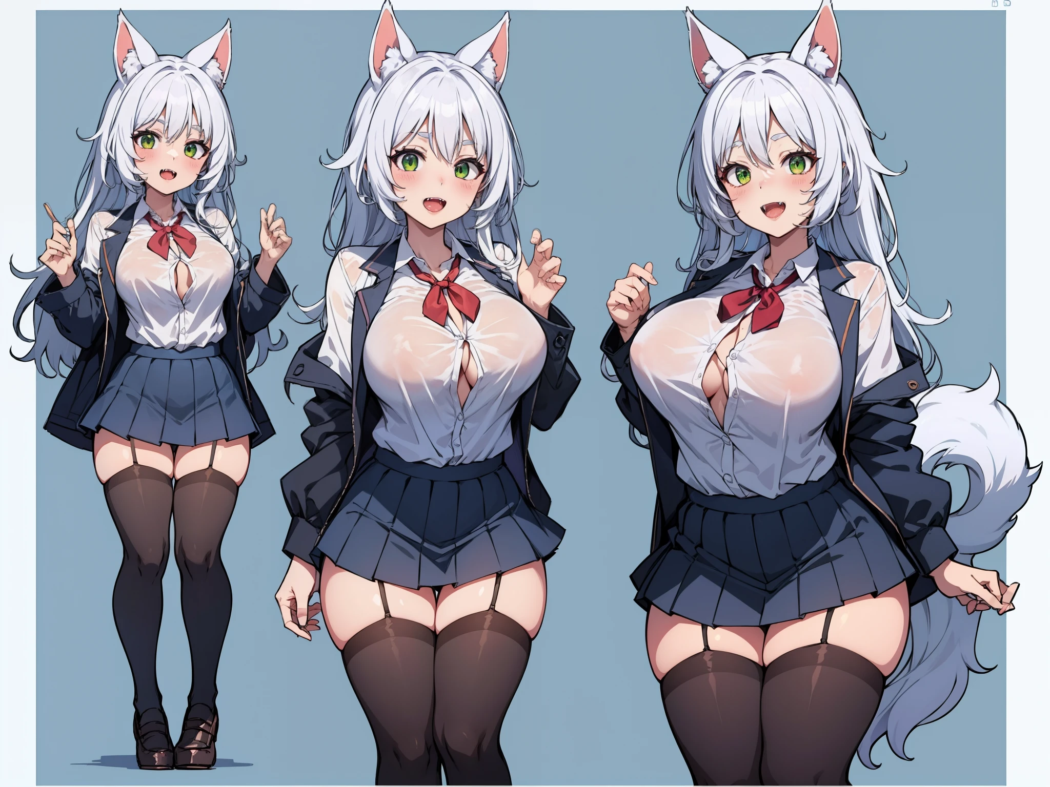 pretty tall werewolf, white hair, long legs, school uniform, mini skirt, high stockings, green eyes, fangs, sensual pose, fluffy tail, character sketch in various perspectives,  hd, 8k, masterpiece, full body, white background