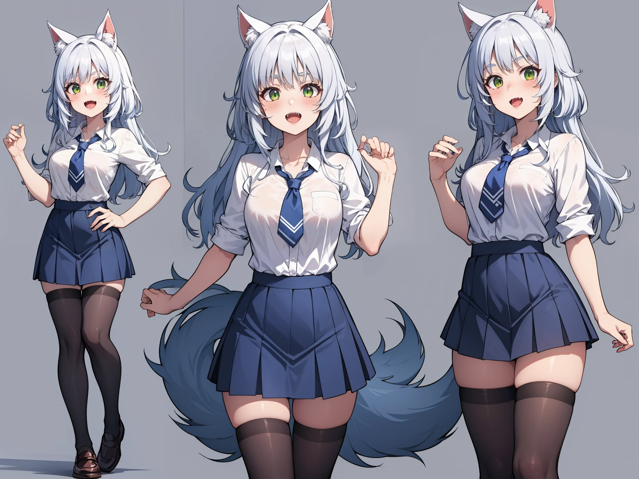 pretty tall werewolf, white hair, long legs, school uniform, mini skirt, high stockings, green eyes, fangs, sensual pose, fluffy tail, character sketch in various perspectives, hd, 8k, masterpiece, full body, white background