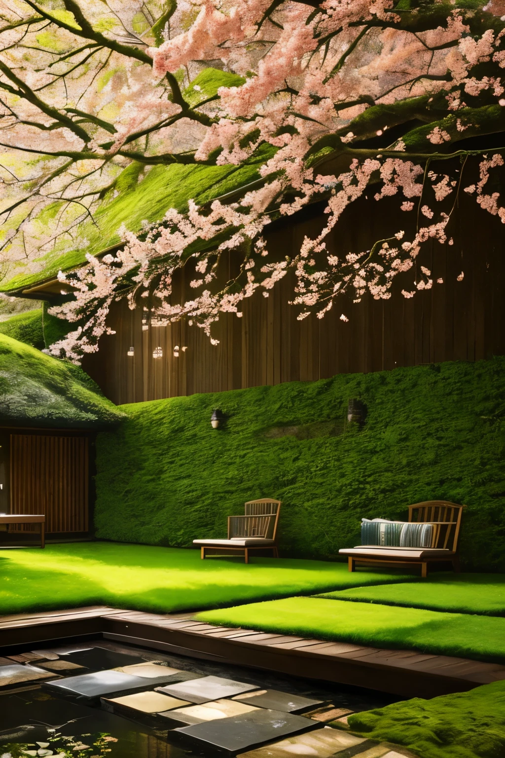 Amidst the tranquil spring garden, a moss-covered floor forms a lush carpet evoking a sense of serenity. The firewood cover, lightly concealed nearby, adds to the scene's rustic charm. A solitary branch of red apricot emerges, bursting with vibrant blossoms, a beacon of life against the verdant backdrop. Peeking out from the weathered wall, the ambiance is infused with vitality and poetry, a testament to nature's enduring spirit. --s2
Realistic, serene, tranquil, spring garden, moss-covered floor, firewood cover, red apricot blossoms