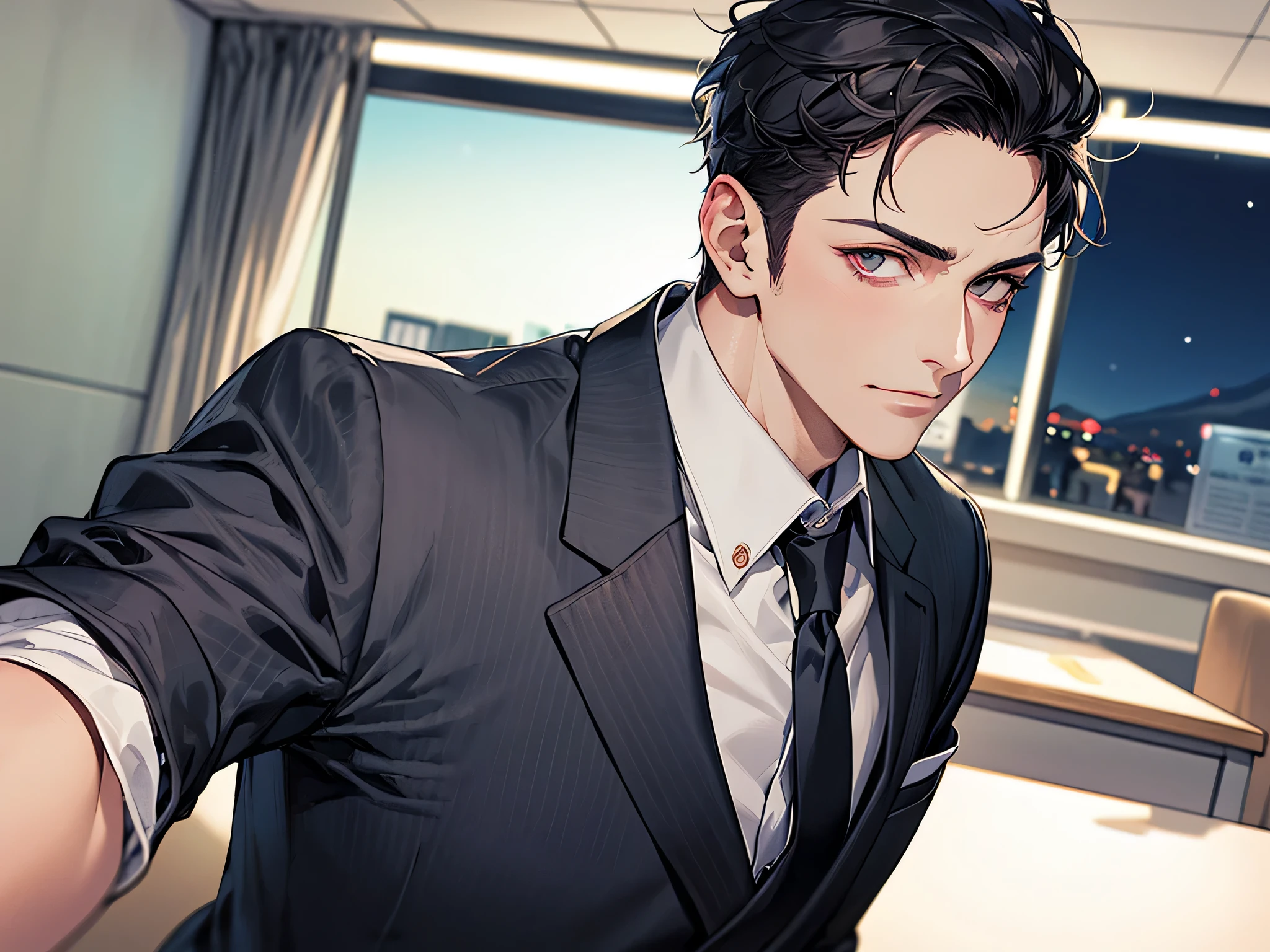 (middle aged male),ビューアーにカベドン,((close up)),dramatic angle,masterpiece,shoot from below, upper body shot, business Suit,tie,man,solo,(40-year-old),Black top, short hair,looking at viewer,office,(night),adam’s apple,larynx