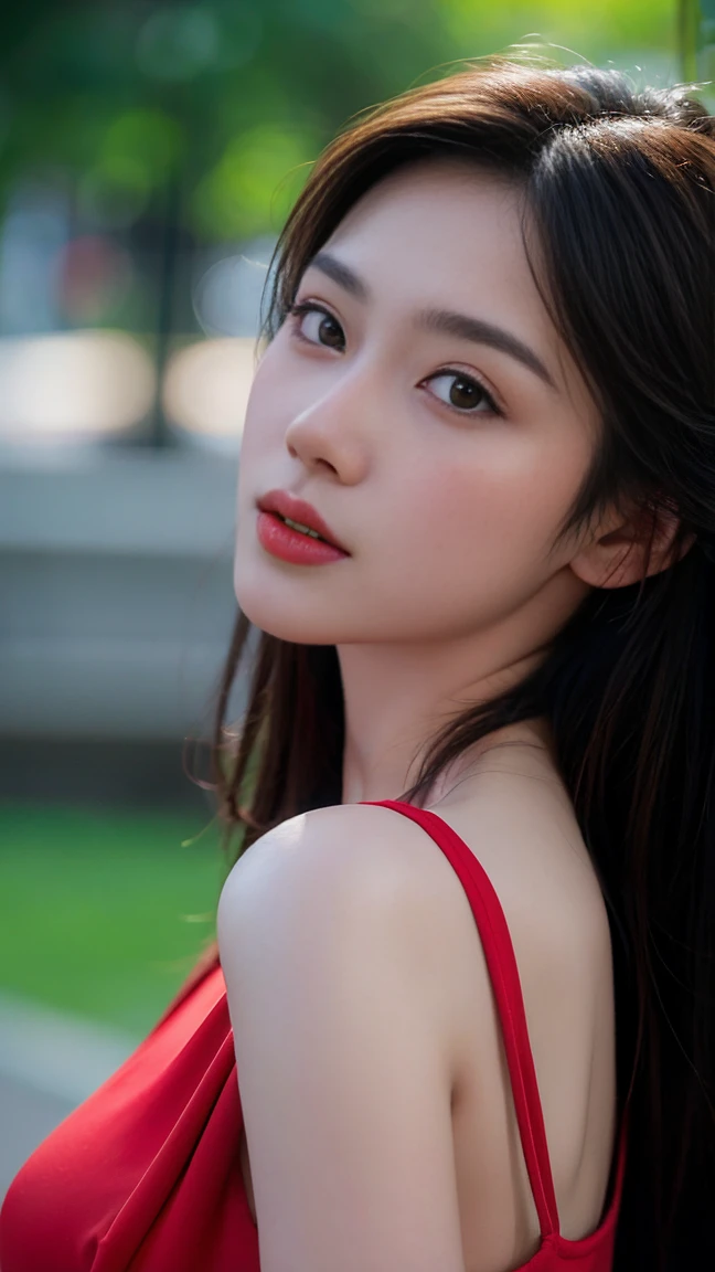 an asian girl in the rain, in the style of light silver and light red, fairycore, 32k uhd, exaggerated facial features, edmund leighton, low-angle, aurorapunk