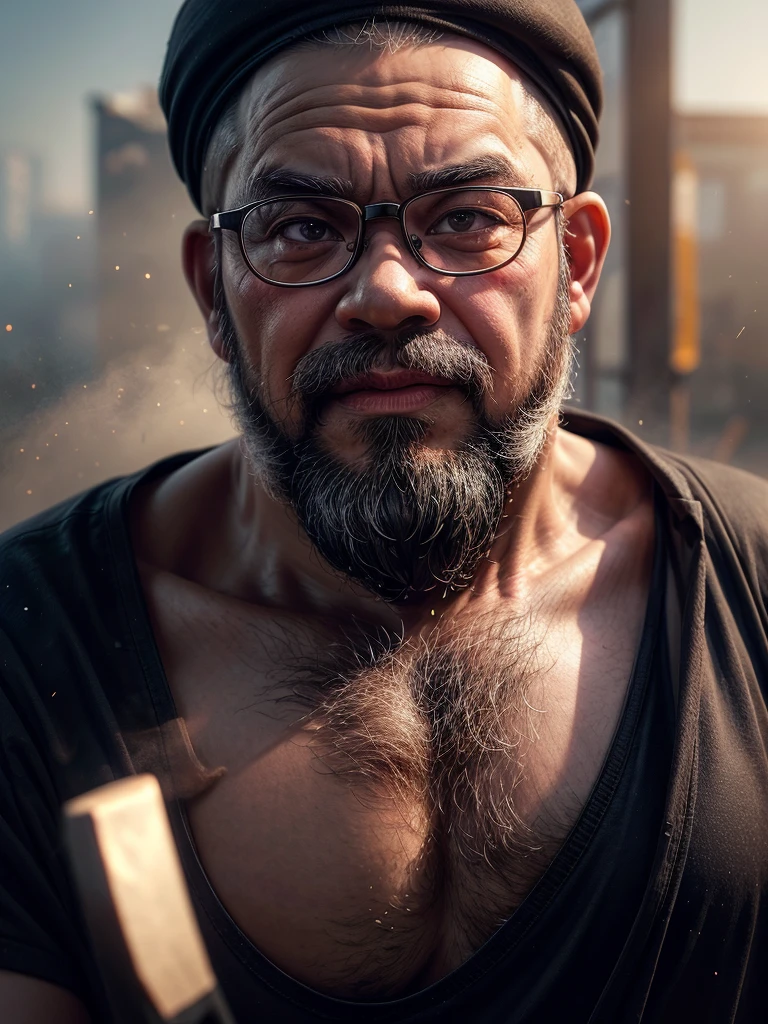 long white beard,Fat old Thai man with bald head,Wear round glasses with red lenses.,Wearing a black tank top,full-body,Push your muscles ,dust,fog,morning light,Bokeh,Behind the scenes of the old Thai city,stream punk style, cinematic 