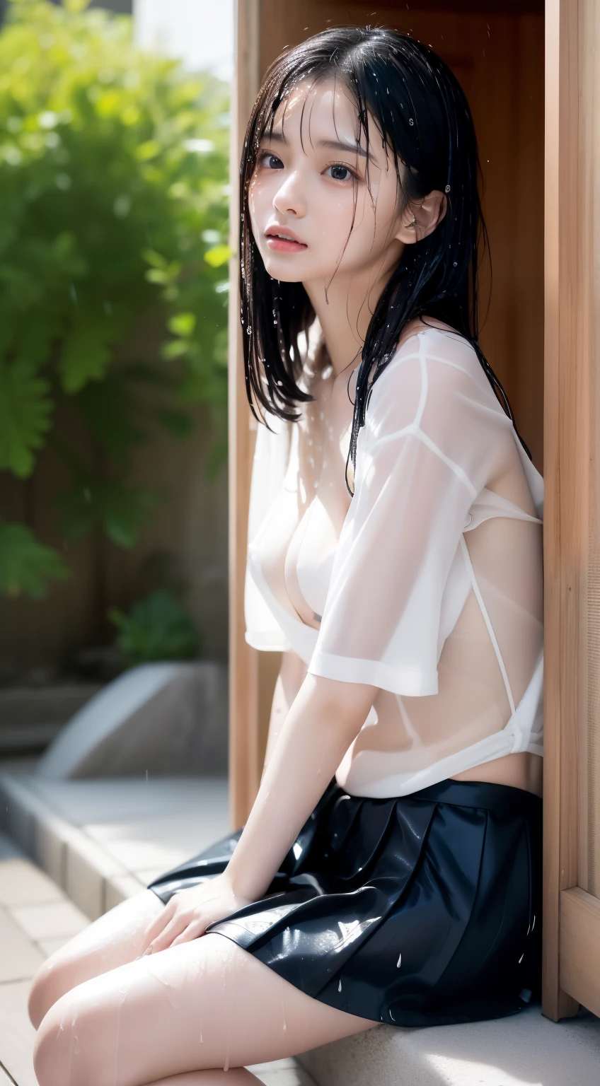 (((best image quality、8K、1 woman)))、Japanese、((I can see the whole body、wet clothes))、solo、1 female、A woman is photographed alone、cute、Len、Beautiful woman、beautiful woman、double eyelid、Full body Esbian、1:3、((Completely naked))、((naked))、Shoes are also in the photo、dark sky、it&#39;s raining、summer、Plum rain、short sleeve、the face is neat、Japanese、(Pink underwear with a faint sheer feeling)、Sheer in a white shirt、白いshort sleeve、wearing a skirt、hair is wet、More transpaLent shirt、((shelter、it&#39;s raining))、NSFW、Rear view、(I&#39;ll turn around)、sit with legs bent、big chest、Next door