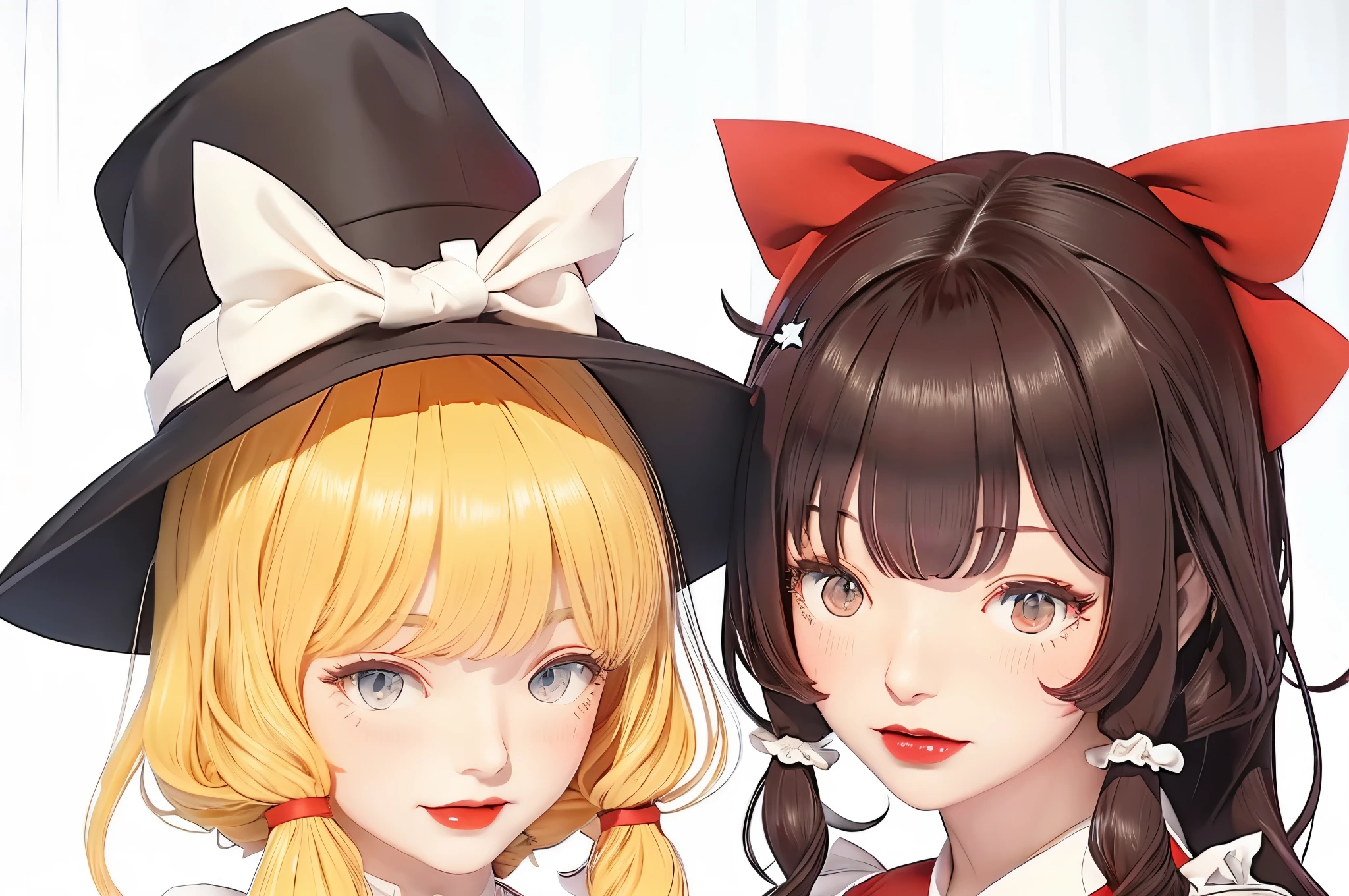 Marisa and Reimu in a slow video,masterpiece, white skin, red lips, bright eyes, eye shadow, Beautiful redhead woman with medium curly hair photographed from the front, , Garter holder and heel, very detailedボディ, Detailed cars and clothes, chiaroscuro, Natural light, very detailed
