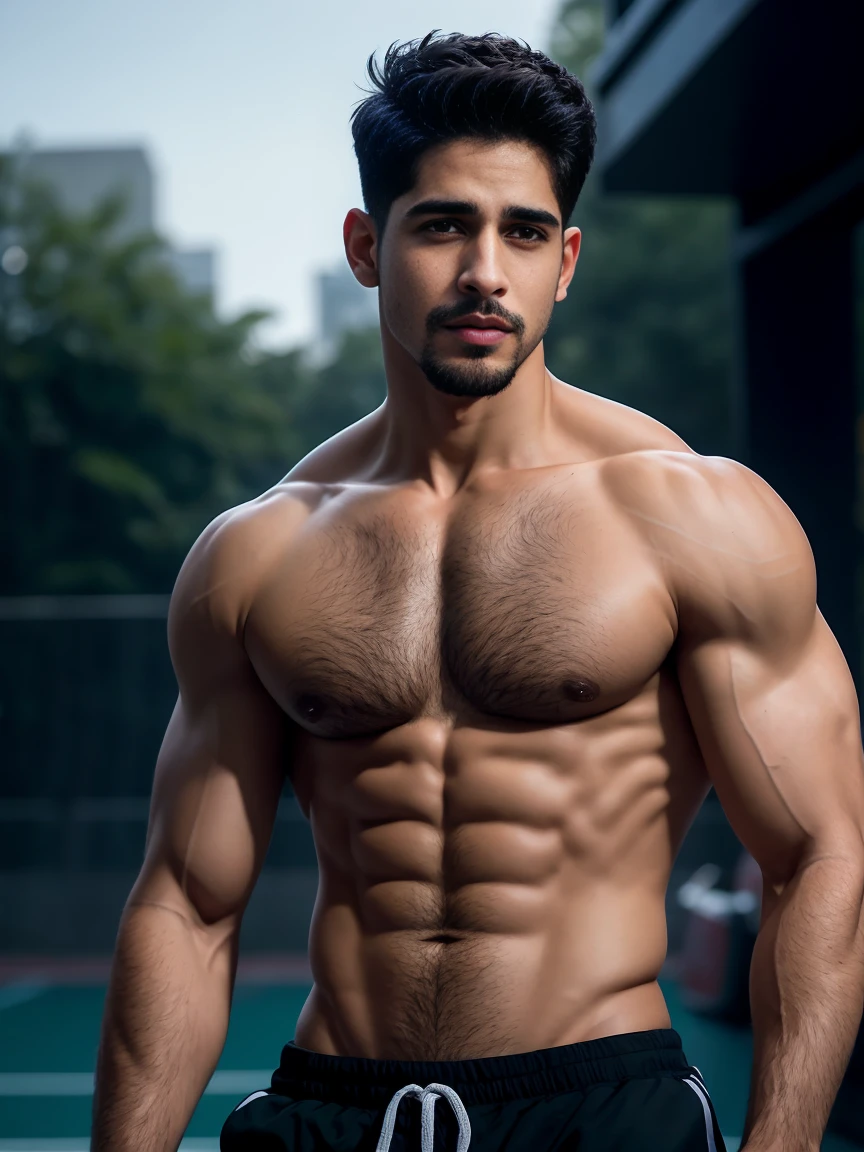 handsome guy, Sidharth Malhotra, Hairy chest, mustache, buzz clip, ?????,Ultra-thin and skinny,Big bag highlights,Plump your pectoral muscles,Sexy and charming expression,Gloomy eyes,Basketball court outside, ((Slim, muscular)), photoactual, photo, masterpiece, actual, realism, photorealism, high contrast, photoactual digital art trending on Artstation 8k HD high definition detailed actual, detailed, Texture, hyper detailed, actual Texture, armature, best quality, 超high resolution, (photoactual:1.4),, high resolution, detailed, raw photo, Sharp Re, by lee jeffries nikon d850 film stock photograph 4 kodak portra 400 camera f1.6 lens rich colors hyper actual lifelike texture dramatic lighting unrealengine trending on artstation cinestill 800,