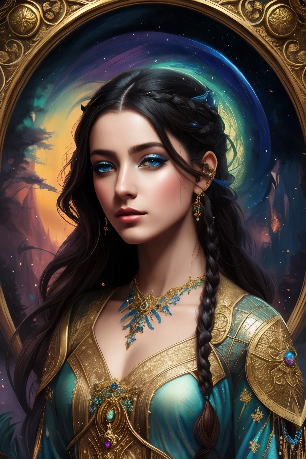 una mujer de pelo largo con un vestido azul y un collar de oro, beautiful fantasy art portrait, fantasy art portrait, beautiful fantasy portrait, fantasy portrait art, epic fantasy art portrait, fantasy art style, fantasy portrait, beautiful fantasy art, detailed matte fantasy portrait, hermosa pintura de personajes, fantasy concept art portrait, in bowater art style, fantasy style art
