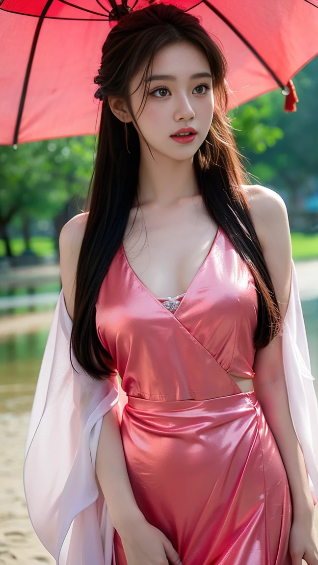 wallpaper of a girl in the rain, in the style of chinese cultural themes, softly luminous, 32k uhd, feminine body, dark pink and light gray, beach portraits, barbizon school 