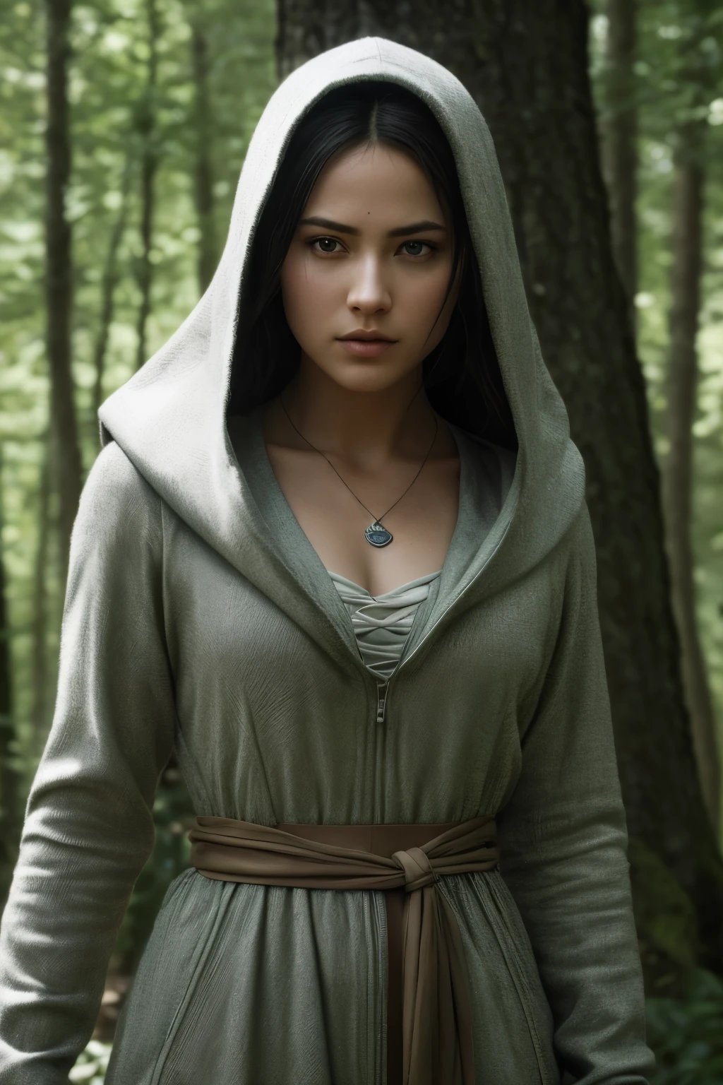 (RAW style, masterpiece, best quality, ultra-detailed), full body woman in faceless tunic and hood, fitted to her athletic figure, serene forest setting, dappled sunlight filtering through trees, cinematic lighting, minimalistic style, (intricate textures, film grain), dynamic poses, showcasing her agility and strength, ultra high resolution, hyper-realistic, meticulously crafted details, sharp focus, evocative and mysterious atmosphere, (intense depth), (masterpiece), (best quality:1.0), (ultra highres:1.0), stunning visual effects, incredible textures, lifelike rendering.