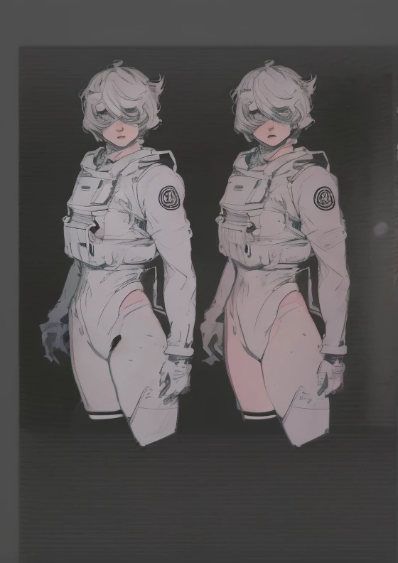 A closeup of a woman wearing military uniform with red accents with blue coat and some other poses, front side and back poses, cutesexyrobutts, woman with short black hair with light blue locks, eyes with bright blue and red tones with vampire iris, pale skin, vampire, pointed ears, muscular!, fit body, gynoid body,sweaty body, perfect body, fit body, abdomen, big breasts, chubby butt, prancing ass, prancing butt, full body concept art, detailed full body concept art, Cushart Krenz Key Women's Art, Masamune Shirow style, Yusuke Murata style, Ilya Kuvshinov, Oppai proportions, official character art, uniform, full body concept, (best quality, masterpiece) a cute chibi girl,