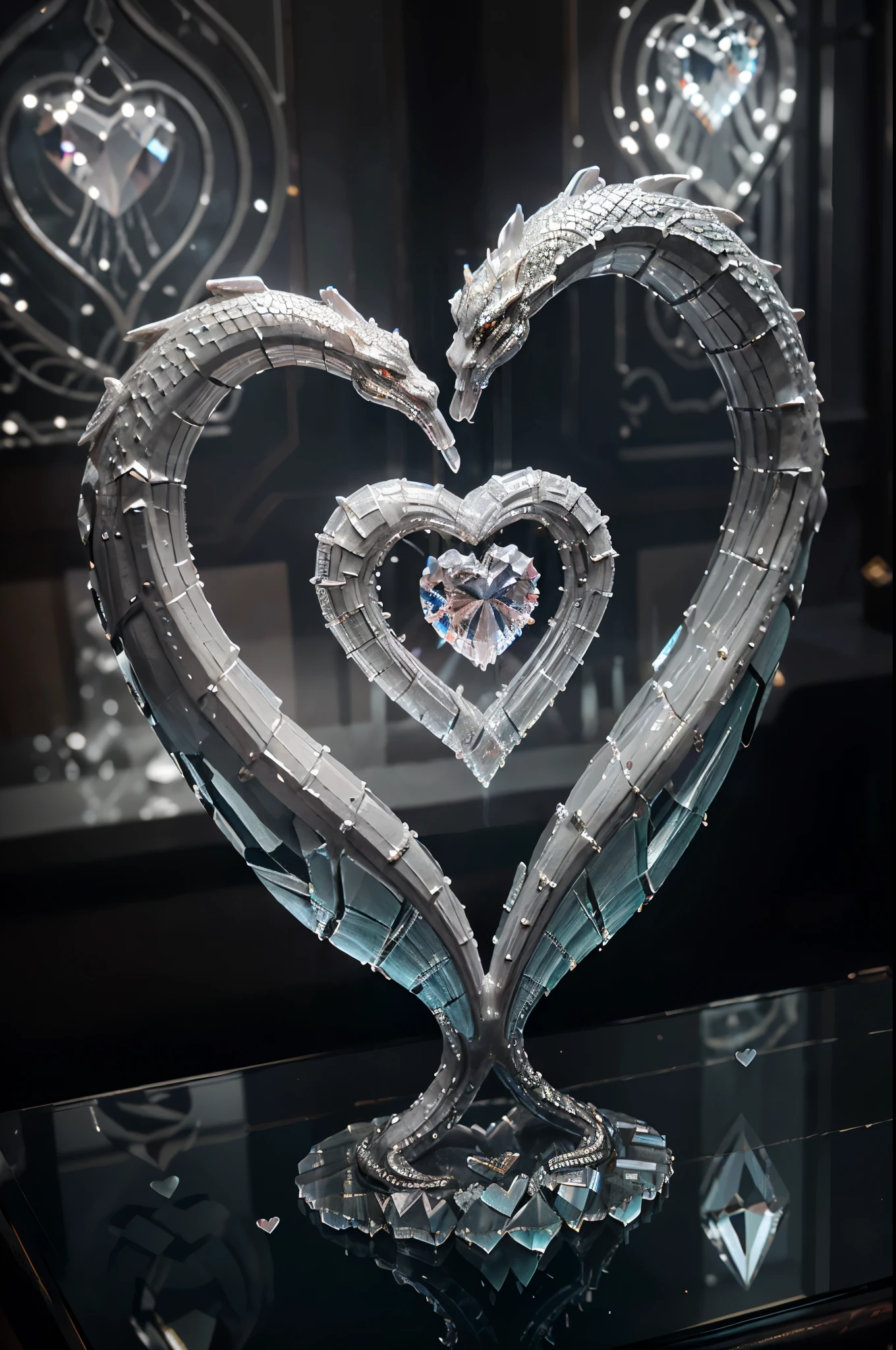 a close up of a heart shaped dragon glass sculpture on a table, glass sculpture of a heart, 3 d ornate carved water heart, glass-cast heart, magic heart, made of crystal, made of crystals, intricate 8 k render, glittering ice, intricate sparkling atmosphere, intricate crystal jelly ornate, rendered in houdini, beautiful render, glowing with silver light