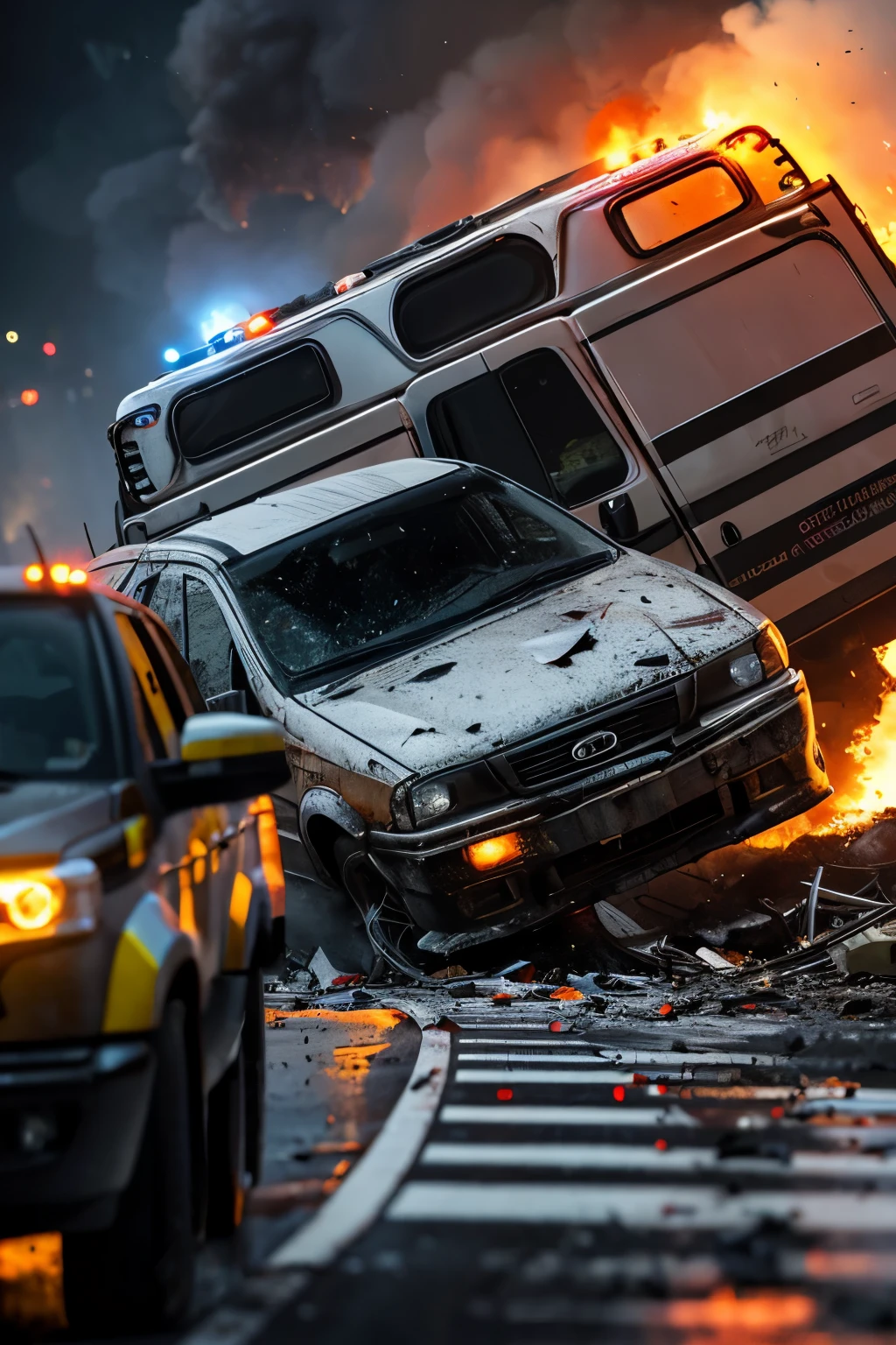 a car and a large truck head-on collision,horrifying,collision scene on the road,shattered glass,screeching tires,smoke,fire and explosion,chaotic scene,emergency lights and sirens,surrounded by debris and wreckage,shocked and frightened onlookers,emotional and intense moment,high-speed impact,metalic crunch,life-threatening situation,professional rescue team,brave firefighters and paramedics rushing to the scene,dramatic and dynamic composition,motion blur,realistic rendering of vehicles and surroundings,a sense of urgency,high-resolution,high-quality image,detailed and vibrant colors,dim lighting,highlighting the chaos,heavy smoke, adding an air of danger,emphasize the power and intensity of the collision,artistic portrayal of the tragic accident,attention to the crashed vehicles' damaged details,expressive and impactful artwork
