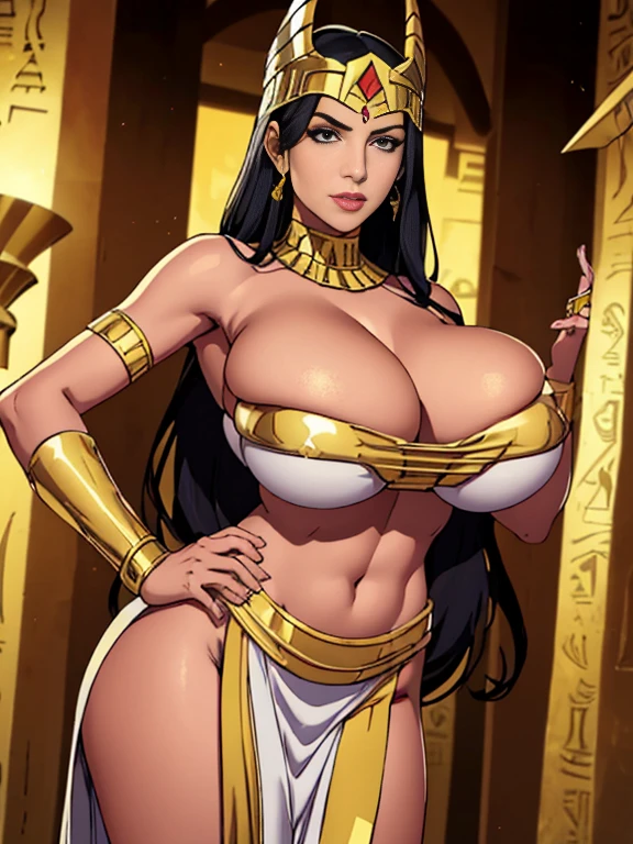 (masterpiece, top quality, best quality, official art, beautiful and aesthetic:1.2), (1girl:1.3), long and straight black hair, tanned skin, extremely detailed, portrait, looking at viewer, solo, (full body:0.6), detailed background, close up, mischievous eyes, (hot summer Egypt theme:1.1), Egyptian priestess, gold Egyptian mask, pharaoh death mask, gold facemask, winged eyeliner, (very long neck), pharaoh nemes, mummy mask, Persian nose, bold nose, long nose, arched nose, downturned nose, large nose, dark tan skin, charlatan, smirk, mysterious, walking in desert, revealing white and gold and sapphire Egyptian silks, cobra headdress, white short skirts, ((draped halter top), criss cross halter top, criss-cross halter top, criss cross straps, criss-cross straps), jewelry, white fabric, gold jewelry, precious stones, dual sickle swords, ((((gigantic breasts, cleavage, skindentation)))), slim waist, slim hips, long legs, ancient (Egyptian temple exterior:1.1) background, dark mysterious lighting, shadows, magical atmosphere, dutch angle,