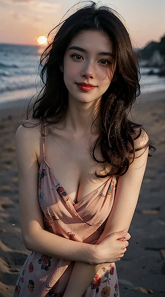 (whole body 1.5)、ticker, (sharp focus:1.2), photo-realistic, portrait, intractive young woman, winding, Long hair, cleavage c cup, (beautiful face:1.2), (smile1.4)、fine eyes, luscious lips, (eye make up:1.2), wear (floral dress:1.2) in (beach:1.4). (sunset lighting:1.2), Depth of bounds written, Bokeh, 4K, HDR. By (james c. Christensen:1.2|Jeremy Lipking:1.1). dynamic posing
